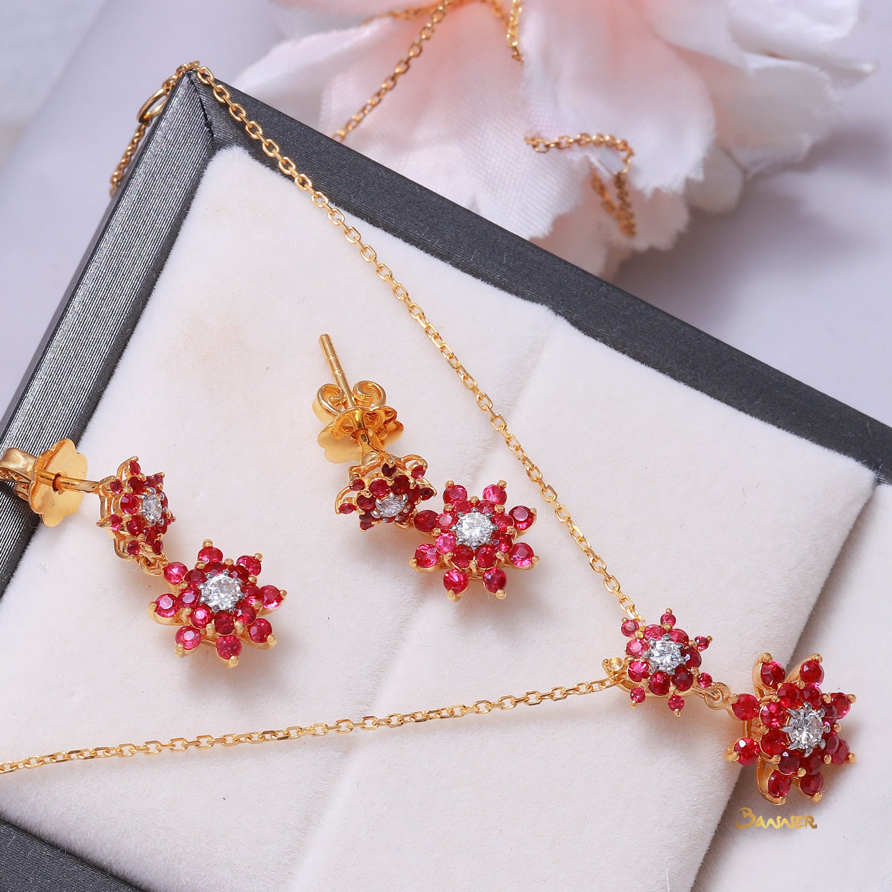 Ruby and Diamond Floral Earrings