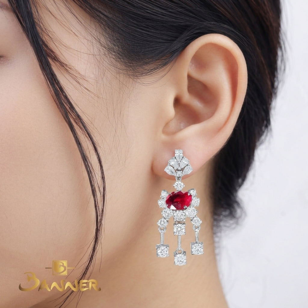 Natural Mogok Ruby and Diamond Earrings
