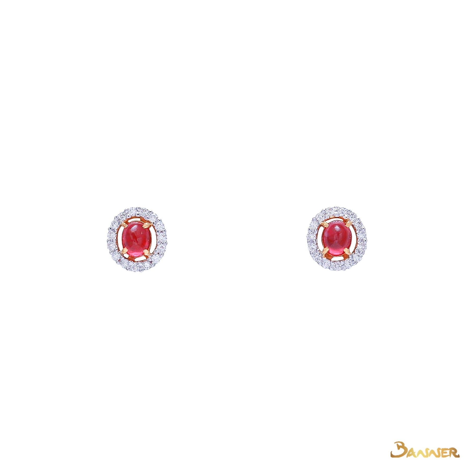 Ruby Cabochon and Diamond Halo Earrings