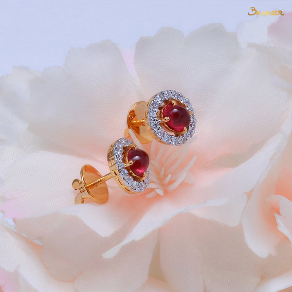 Ruby Cabochon and Diamond Halo Earrings