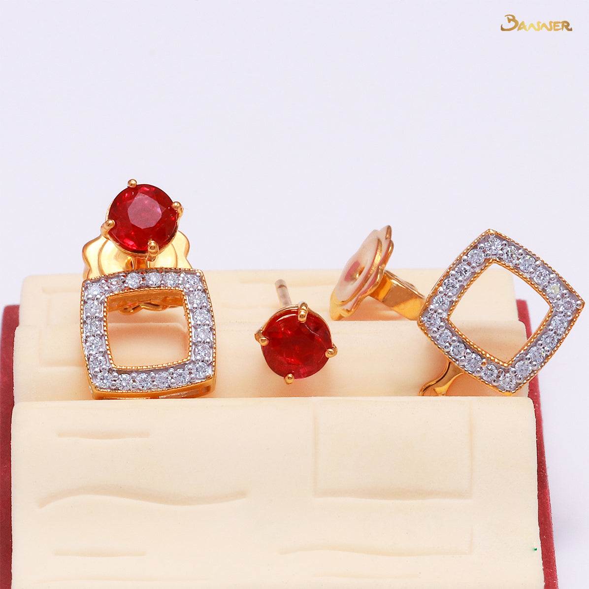 Ruby and Diamond 3-Way Halo Earrings