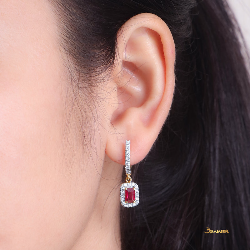 Ruby Emerald Cut and Diamond Halo Dangle Earrings