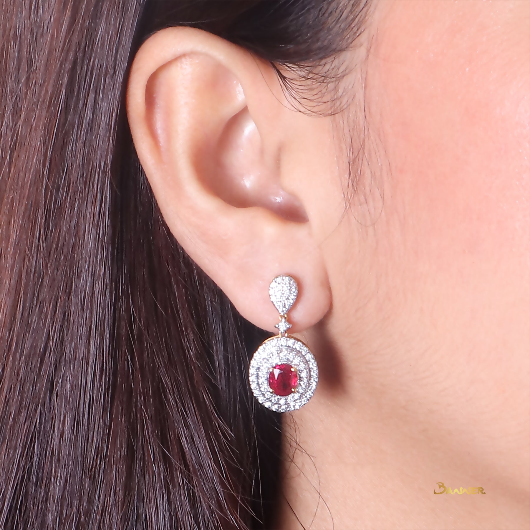 Ruby Double Halo Dangling Earrings