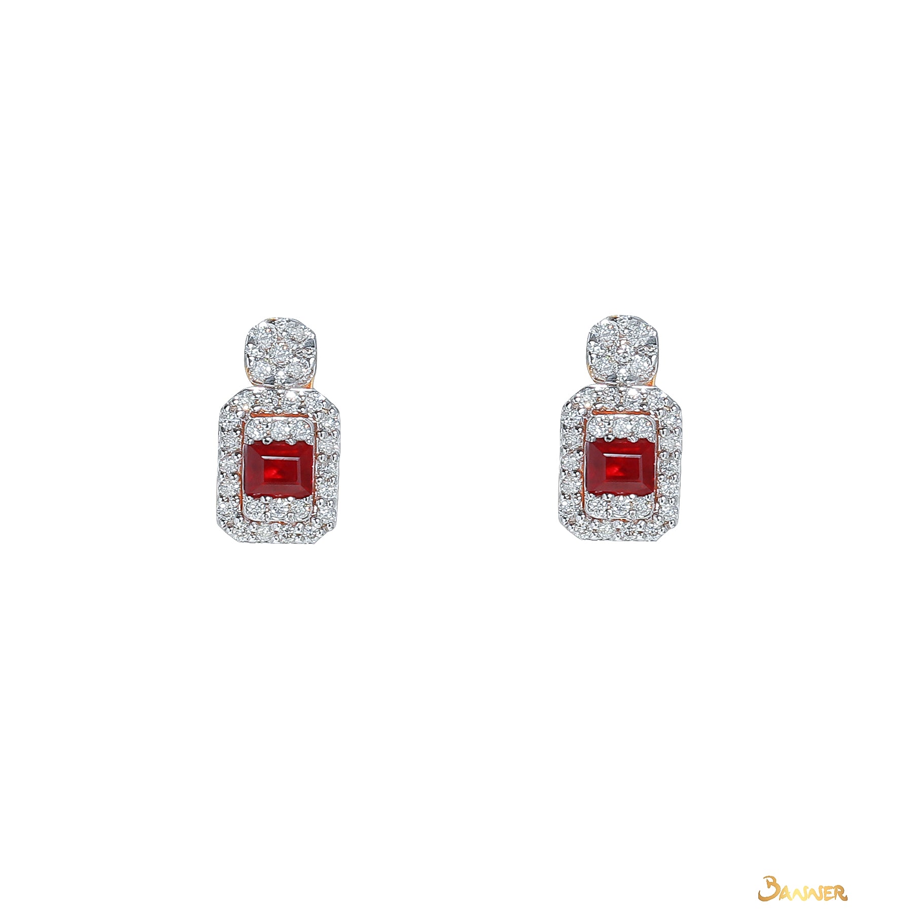 Emerald-cut Ruby and Diamond Halo Earrings