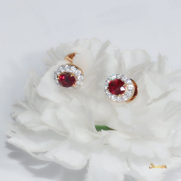 Natural Mingshue Ruby and Diamond Halo Earrings