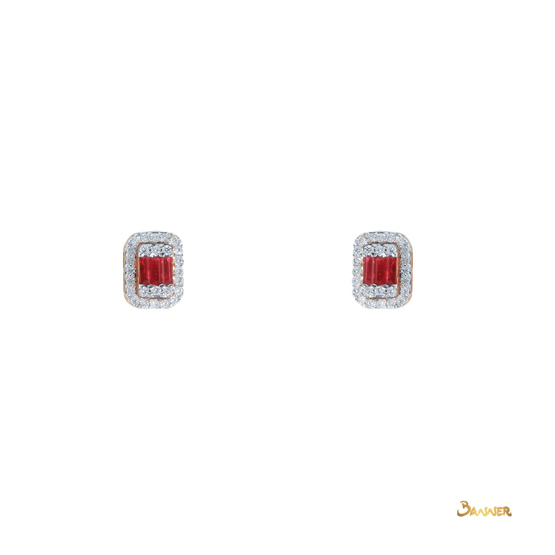 Baguette Ruby and Diamond 3-ways Halo Earrings