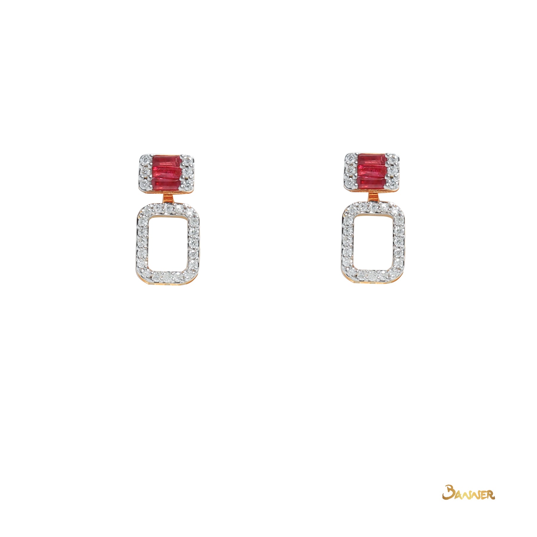 Baguette Ruby and Diamond 3-ways Halo Earrings