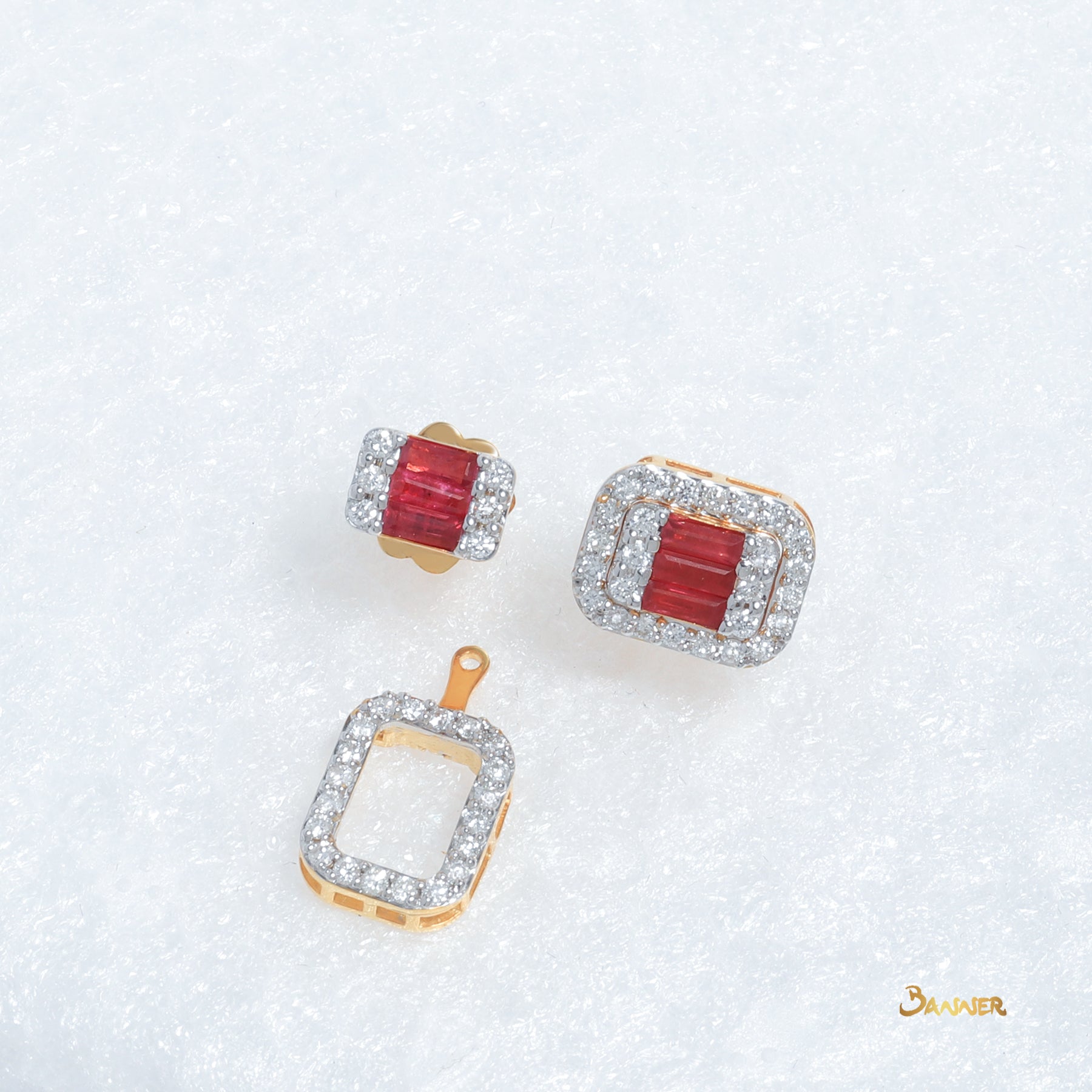 Baguette Ruby and Diamond 3-ways Halo Earrings