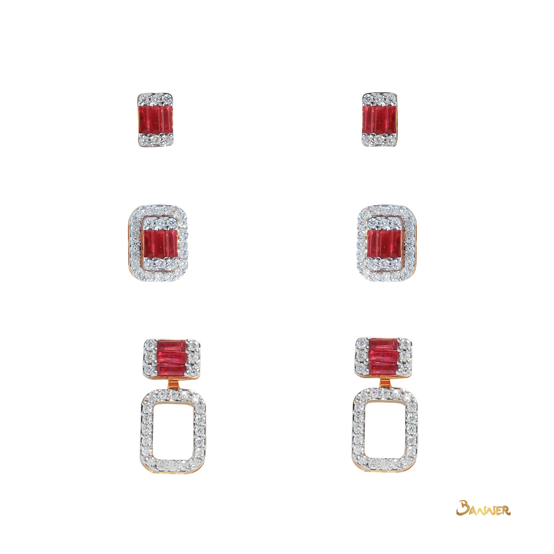 Baguette Ruby and Diamond 3-ways Halo Earrings