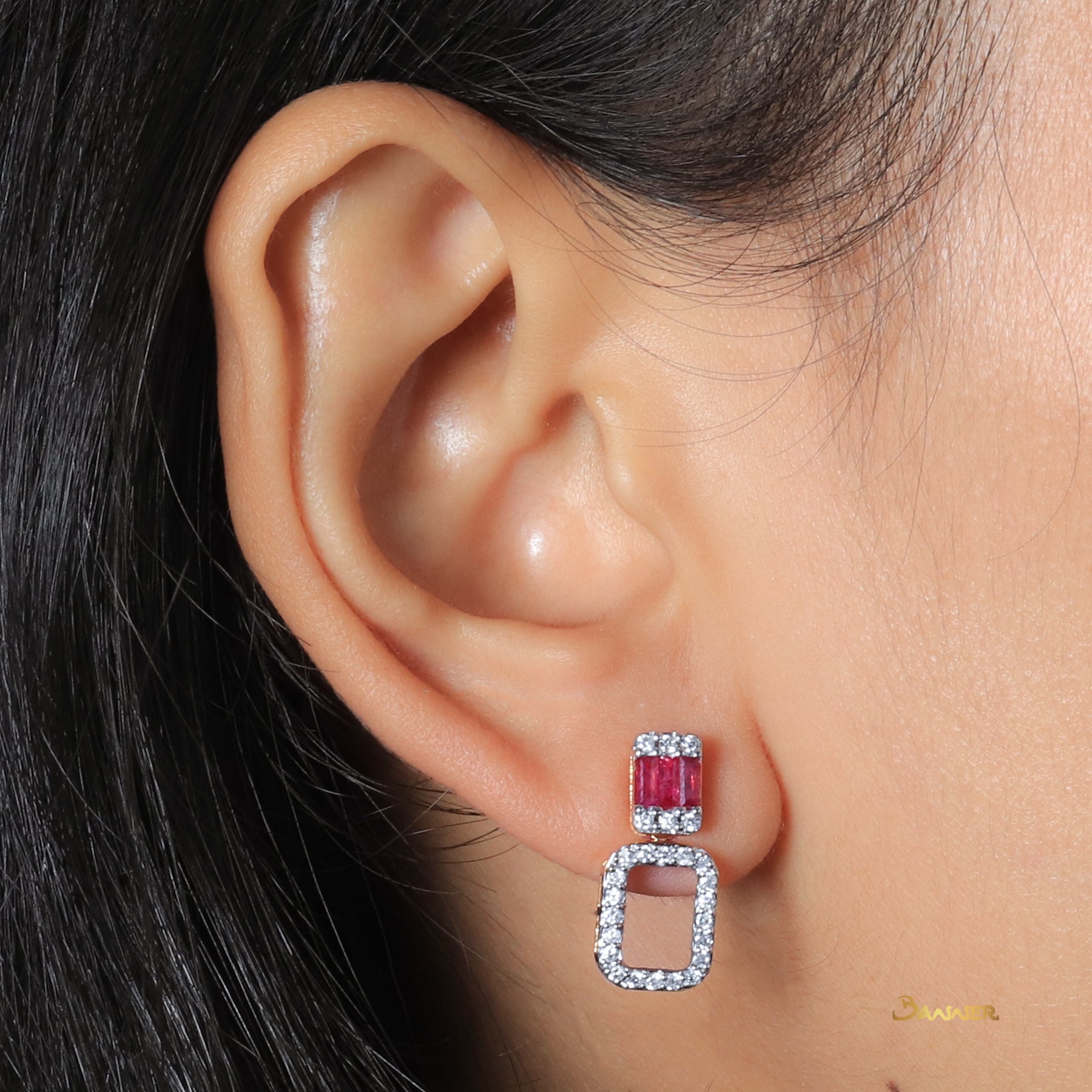 Baguette Ruby and Diamond 3-ways Halo Earrings