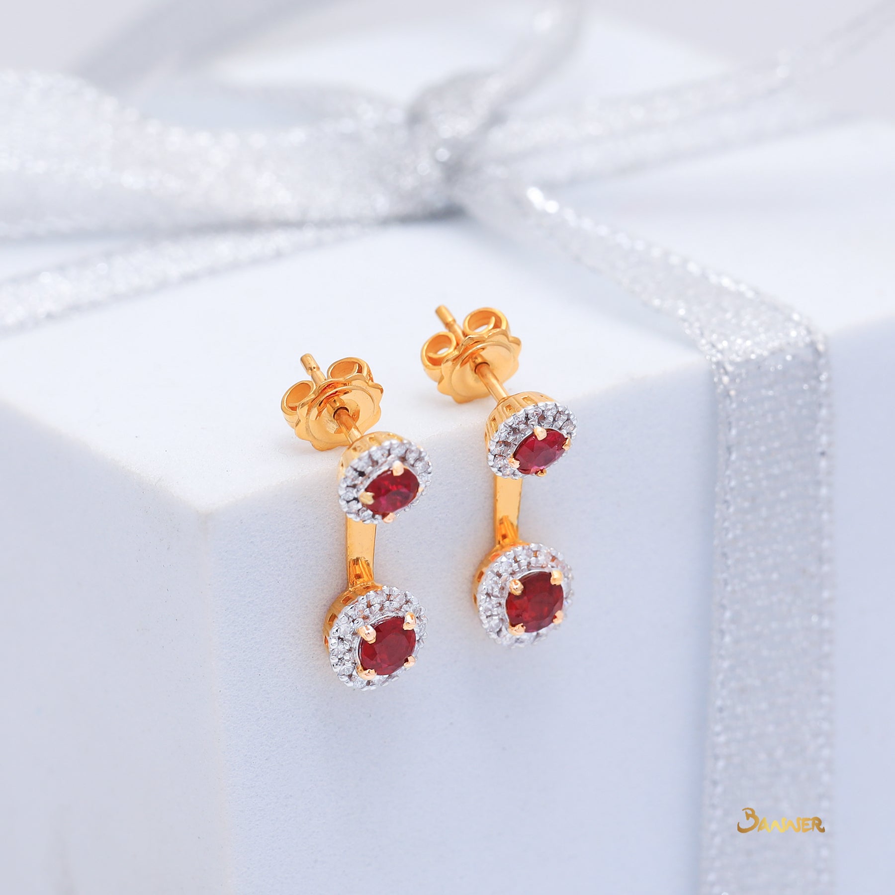 Ruby and Diamond 2-ways Dangle Halo Earrings