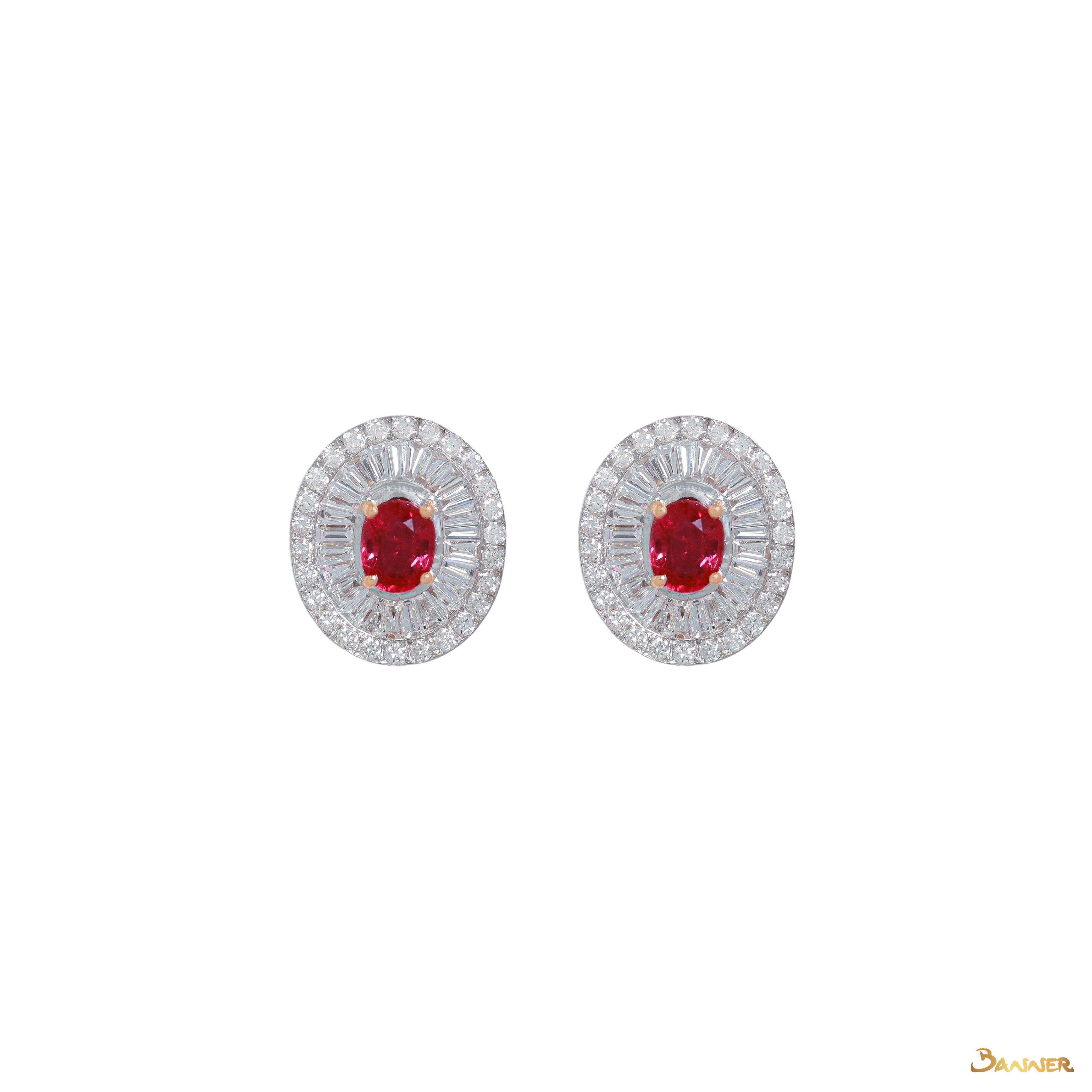 Ruby and Baguette Diamond Double Halo Earrings