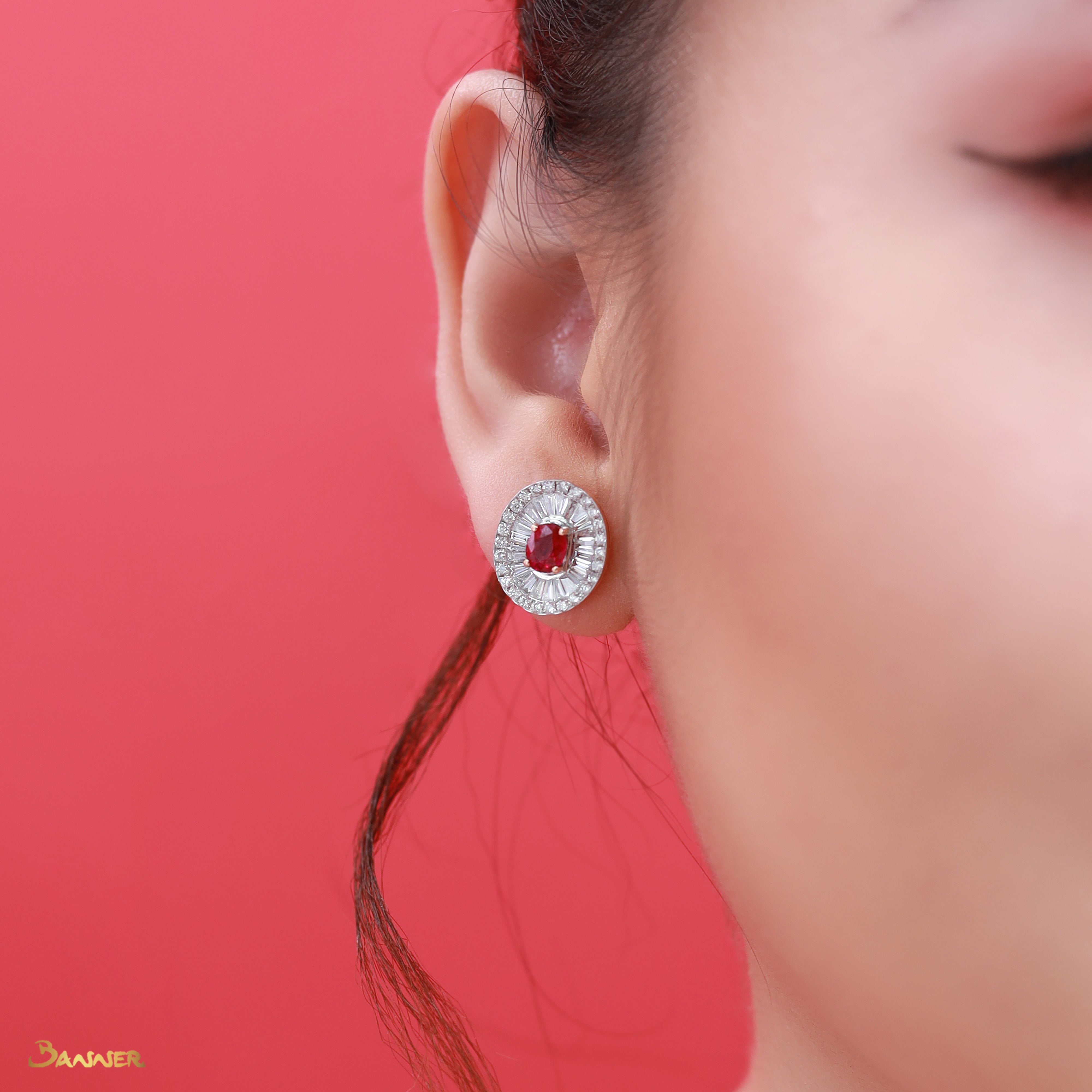 Ruby and Baguette Diamond Double Halo Earrings