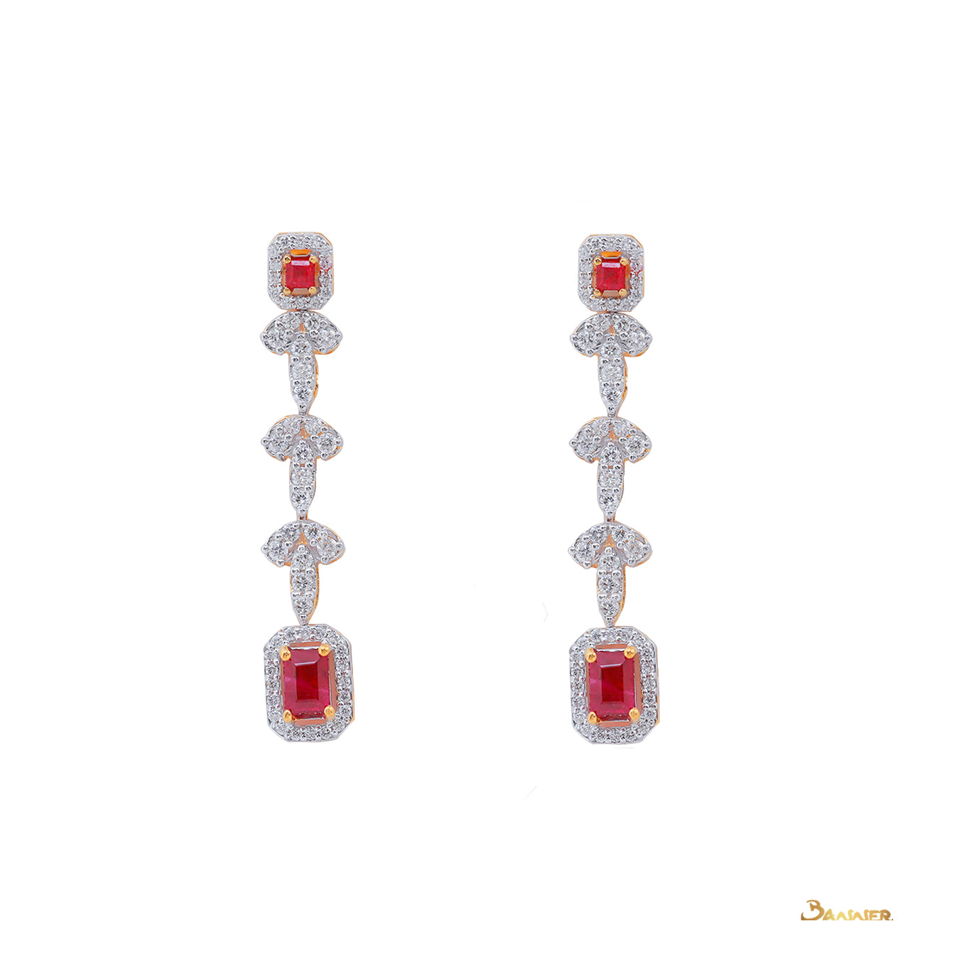 Ruby and Diamond 2 Step Dangle Halo Earrings