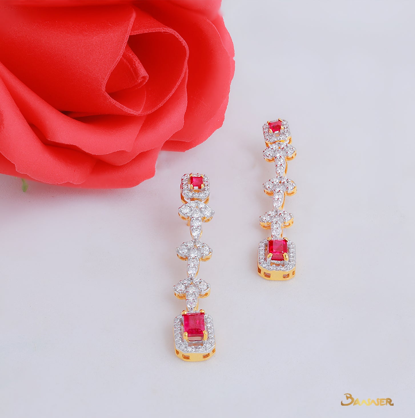 Ruby and Diamond 2 Step Dangle Halo Earrings