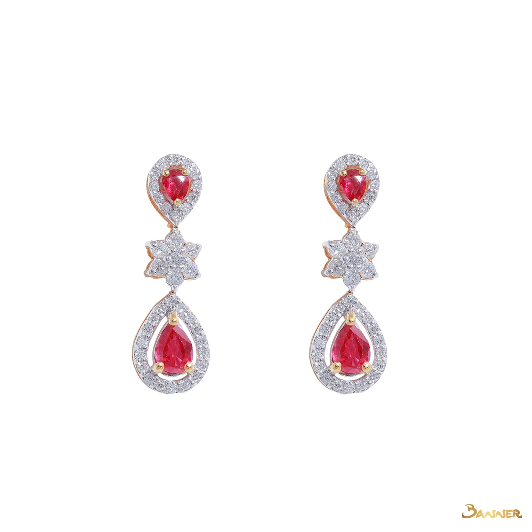 Ruby Rain-drop and Diamond Dangle Halo Earrings