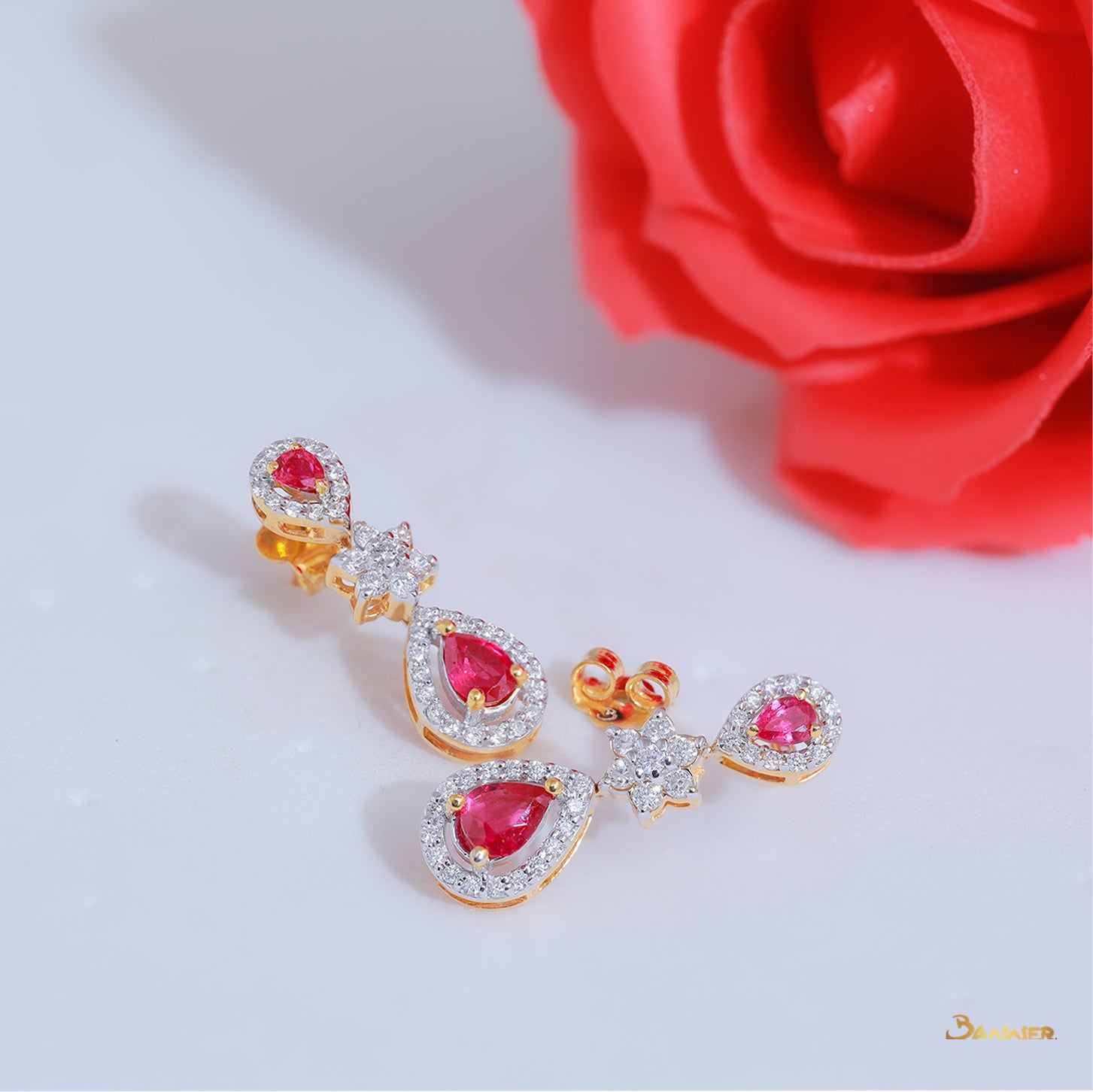 Ruby Rain-drop and Diamond Dangle Halo Earrings