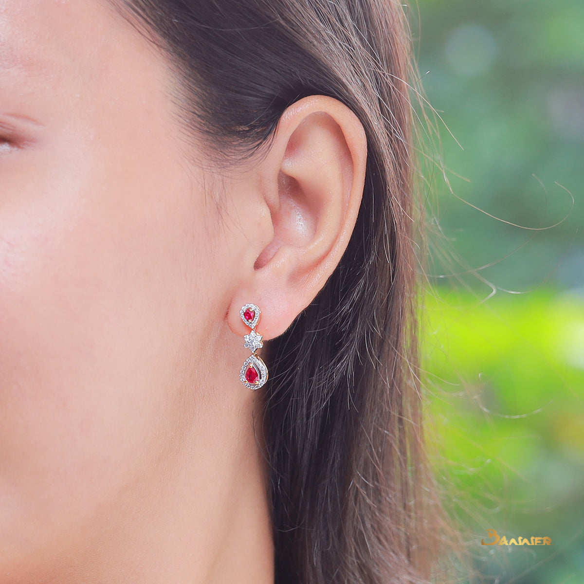 Ruby Rain-drop and Diamond Dangle Halo Earrings