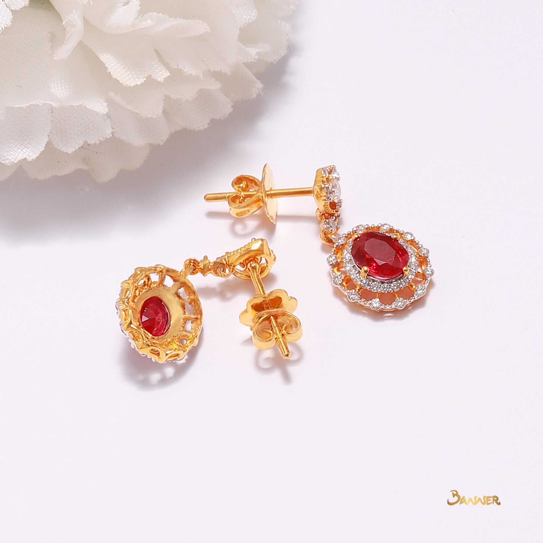 Ruby and Diamond Double Halo Dangle Earrings