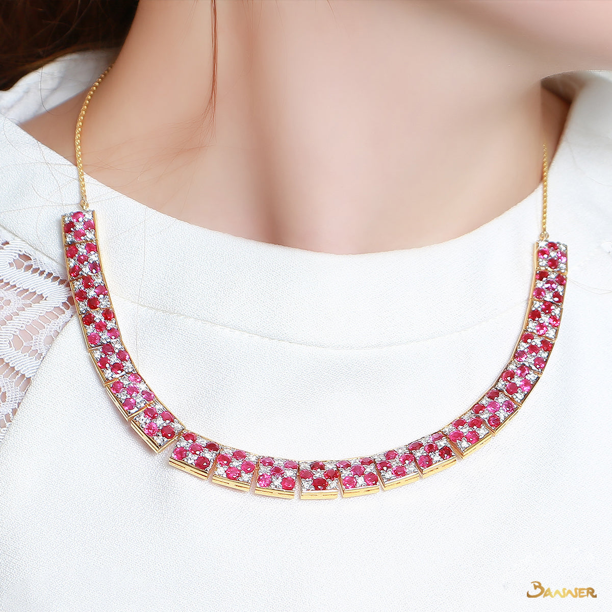 Ruby and Diamond Checkered Necklace