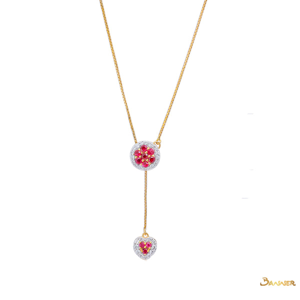 Ruby and Diamond Halo / Heart Adjustable Necklace