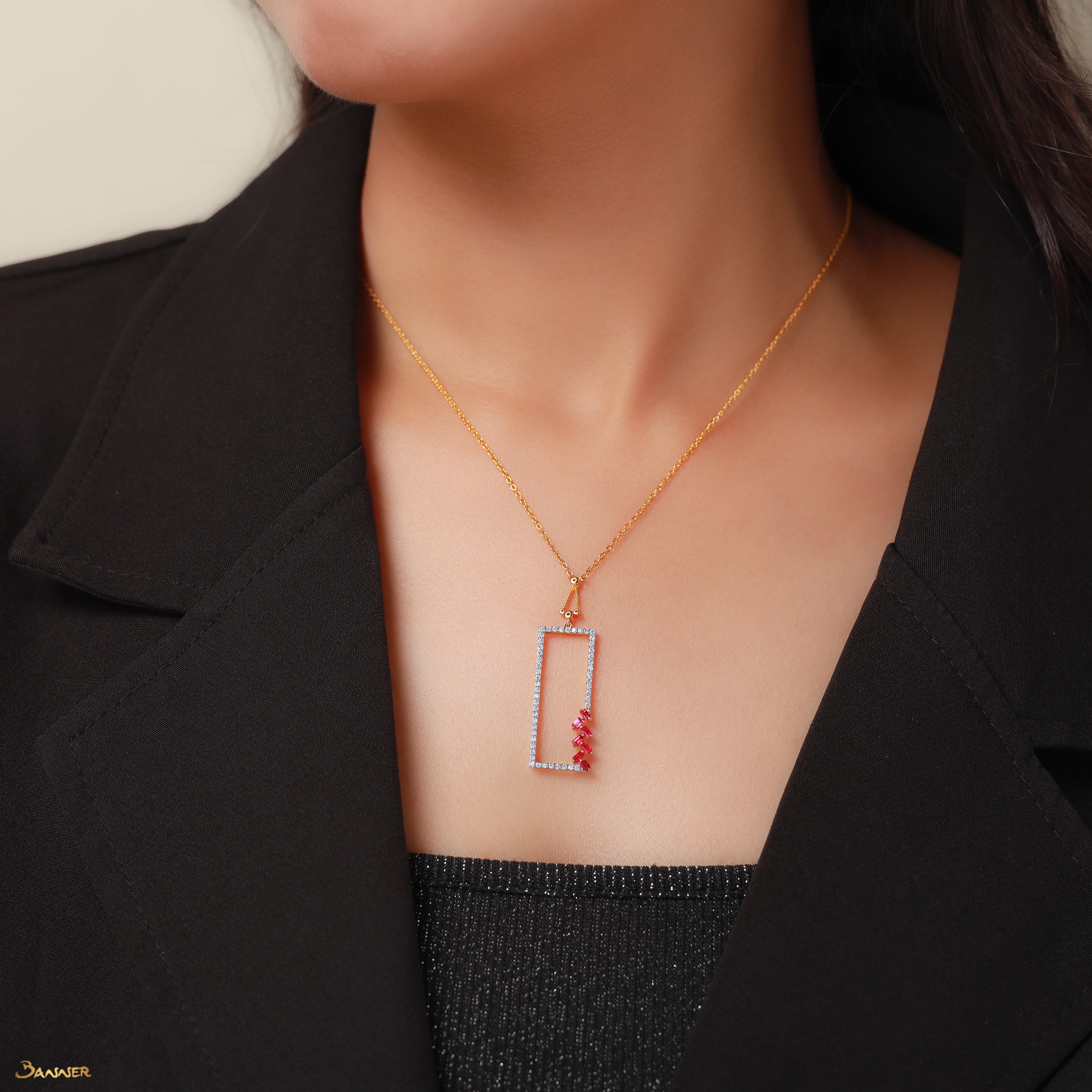 Ruby and Diamond Long Rectangle Necklace