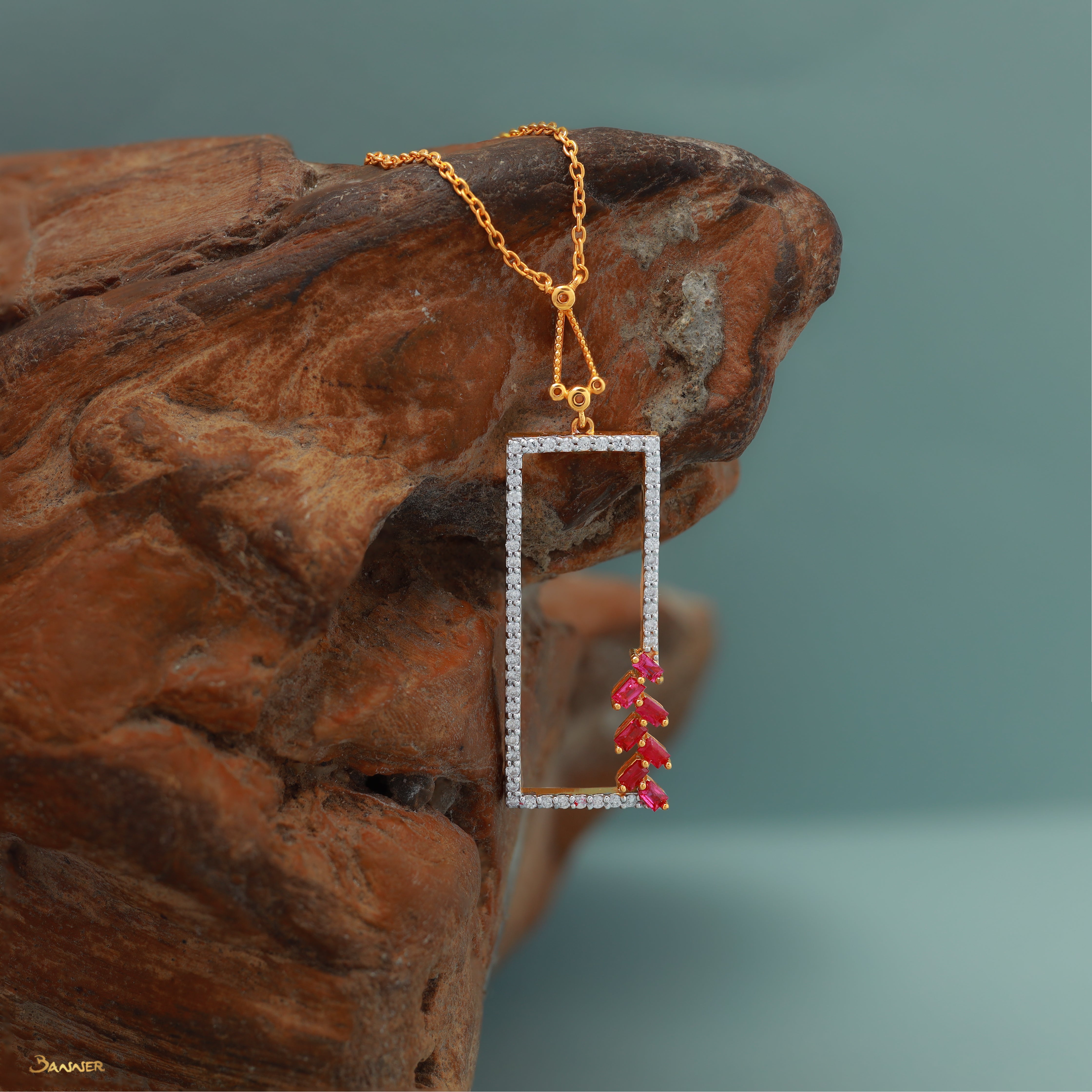 Ruby and Diamond Long Rectangle Necklace