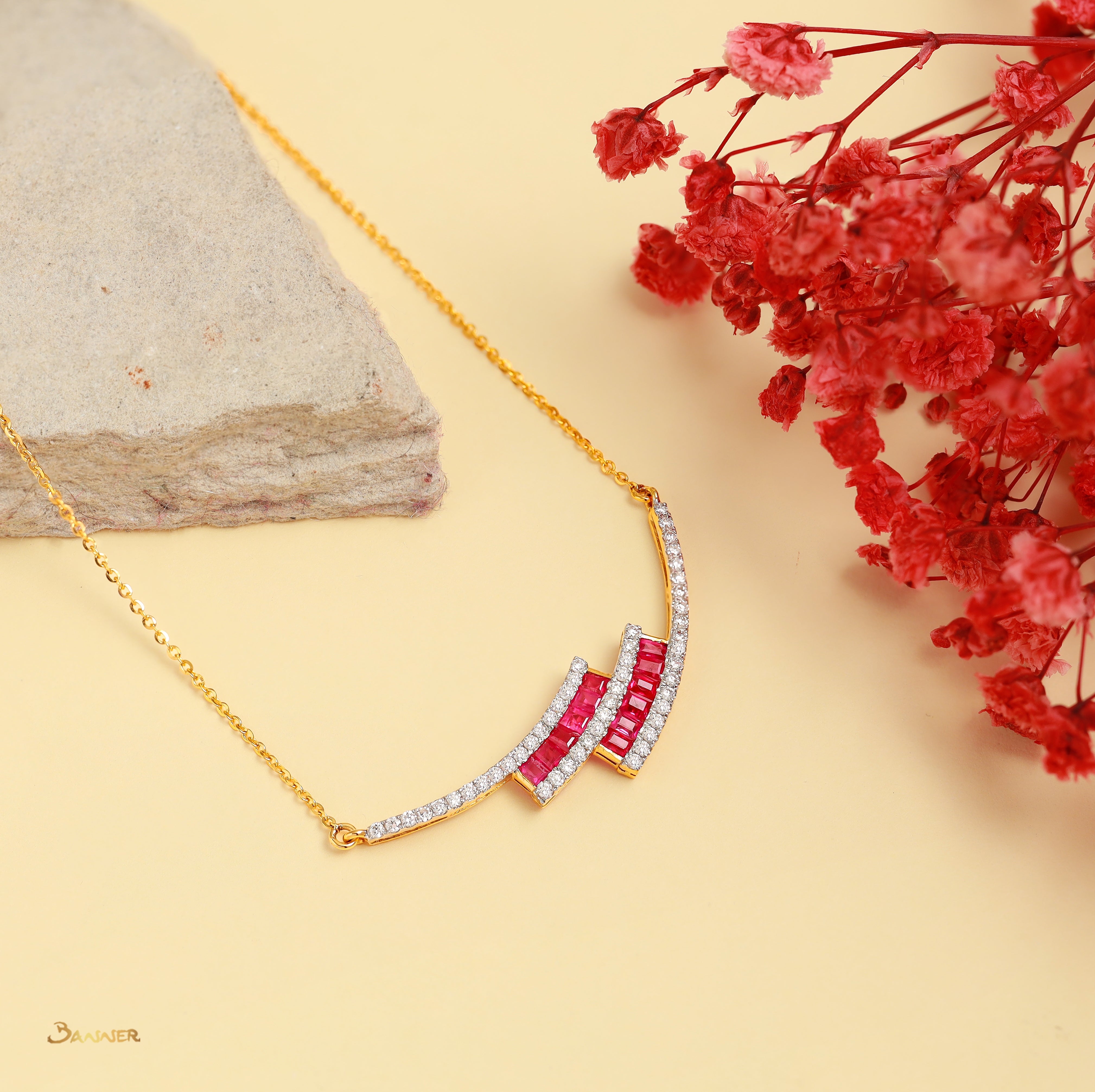 Ruby Emerald-cut and Diamond Double Bypass Necklace