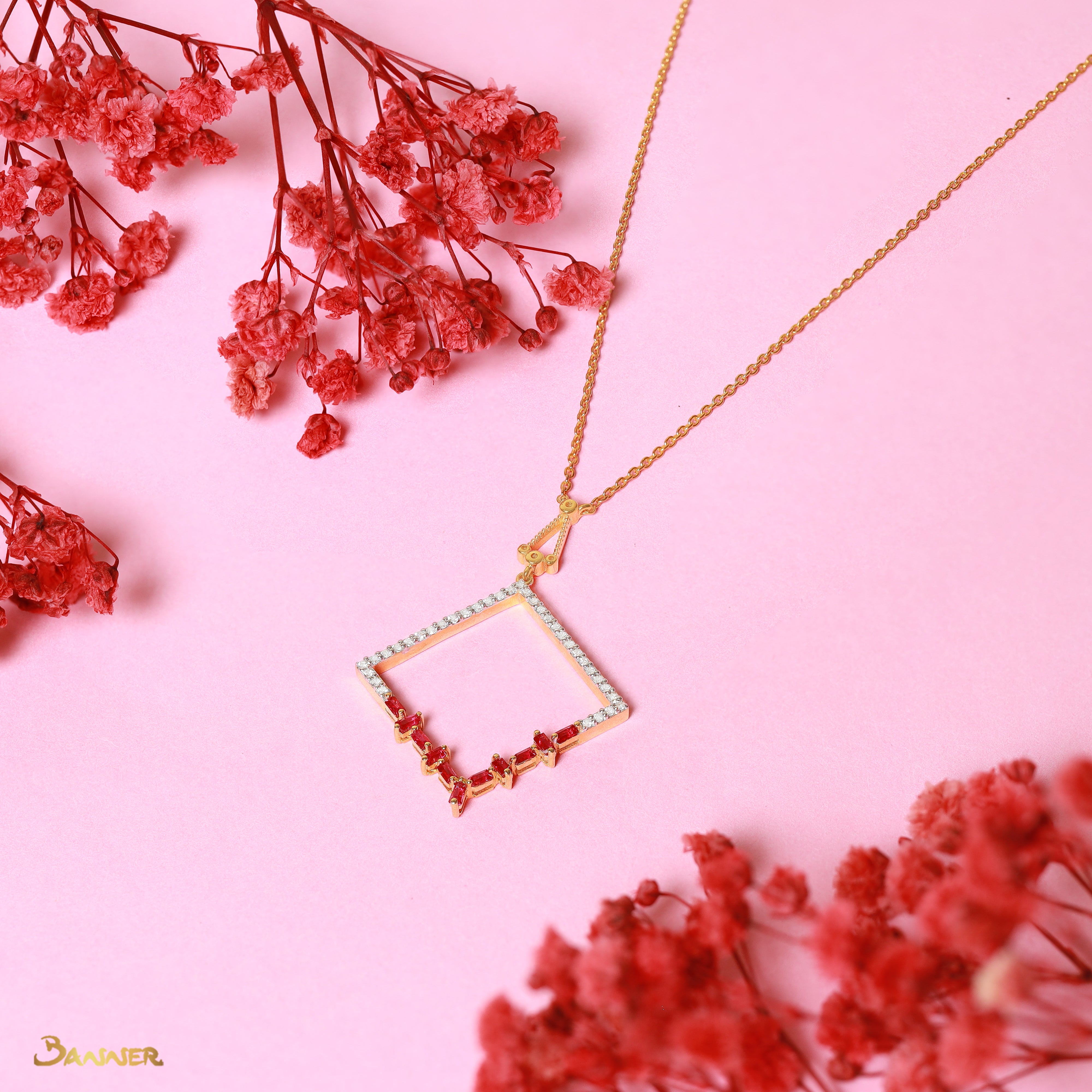 Emerald-cut Ruby and Diamond Rhomby Necklace