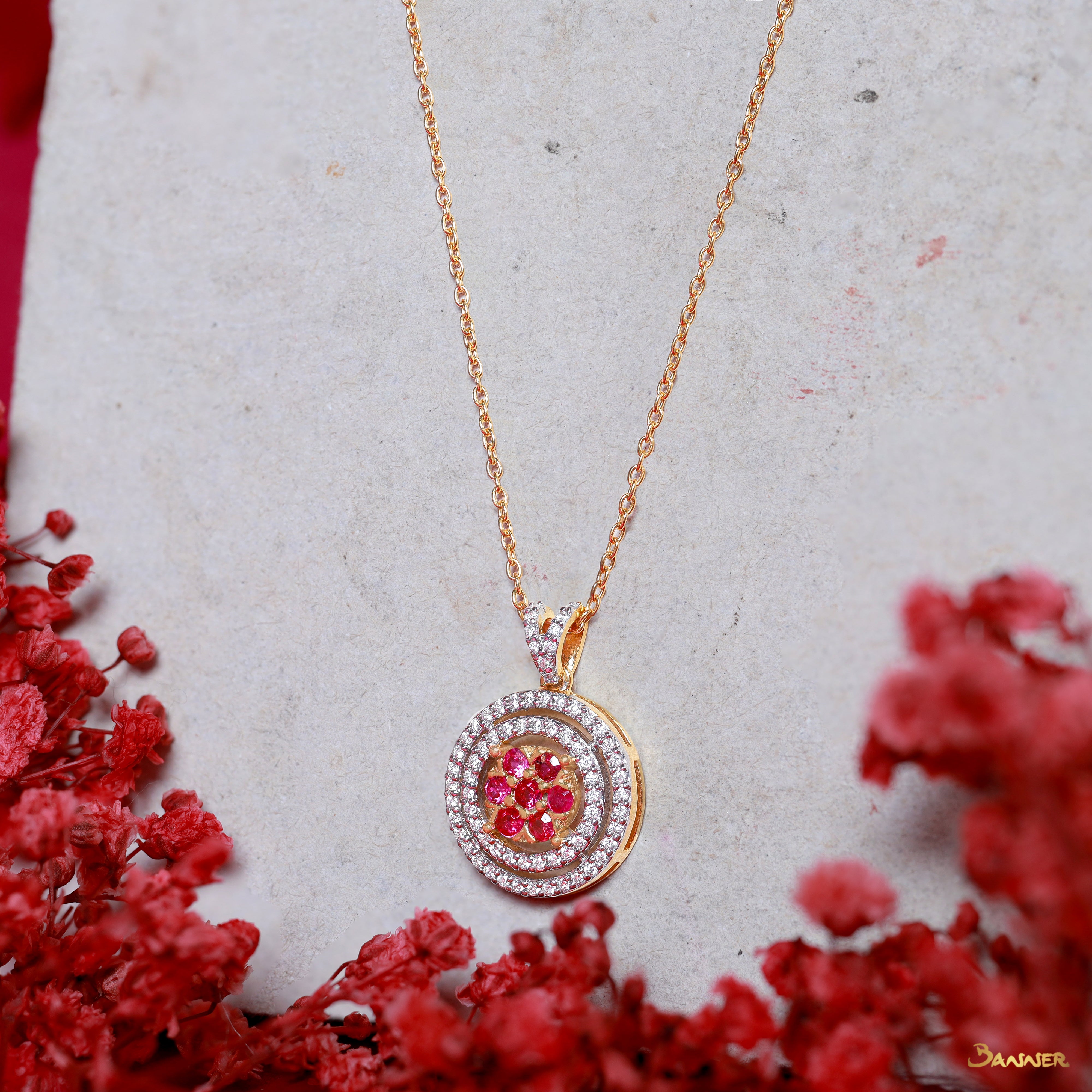 Ruby and Diamond Double Halo Necklace