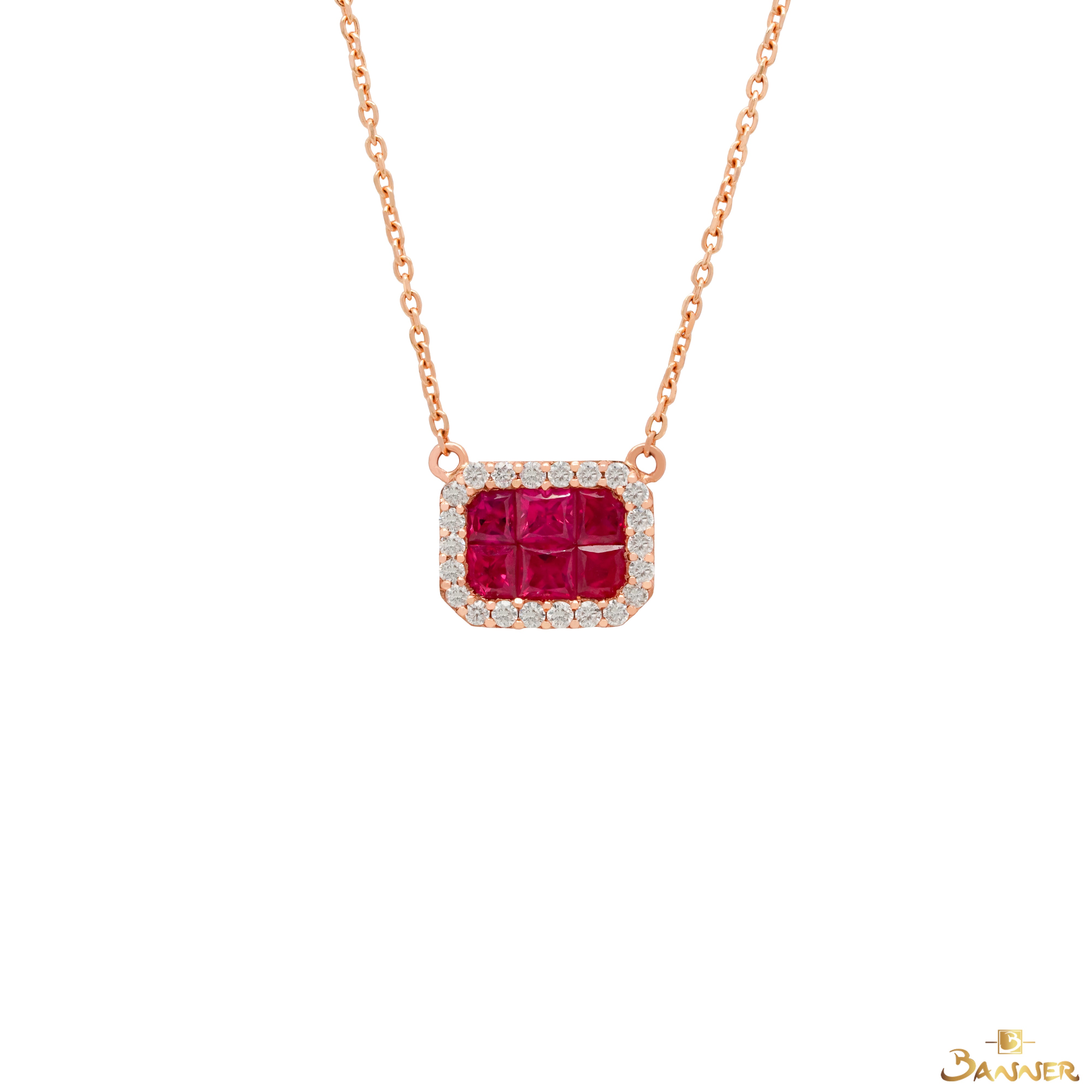 Ruby and Diamond Emerald-cut Halo Necklace