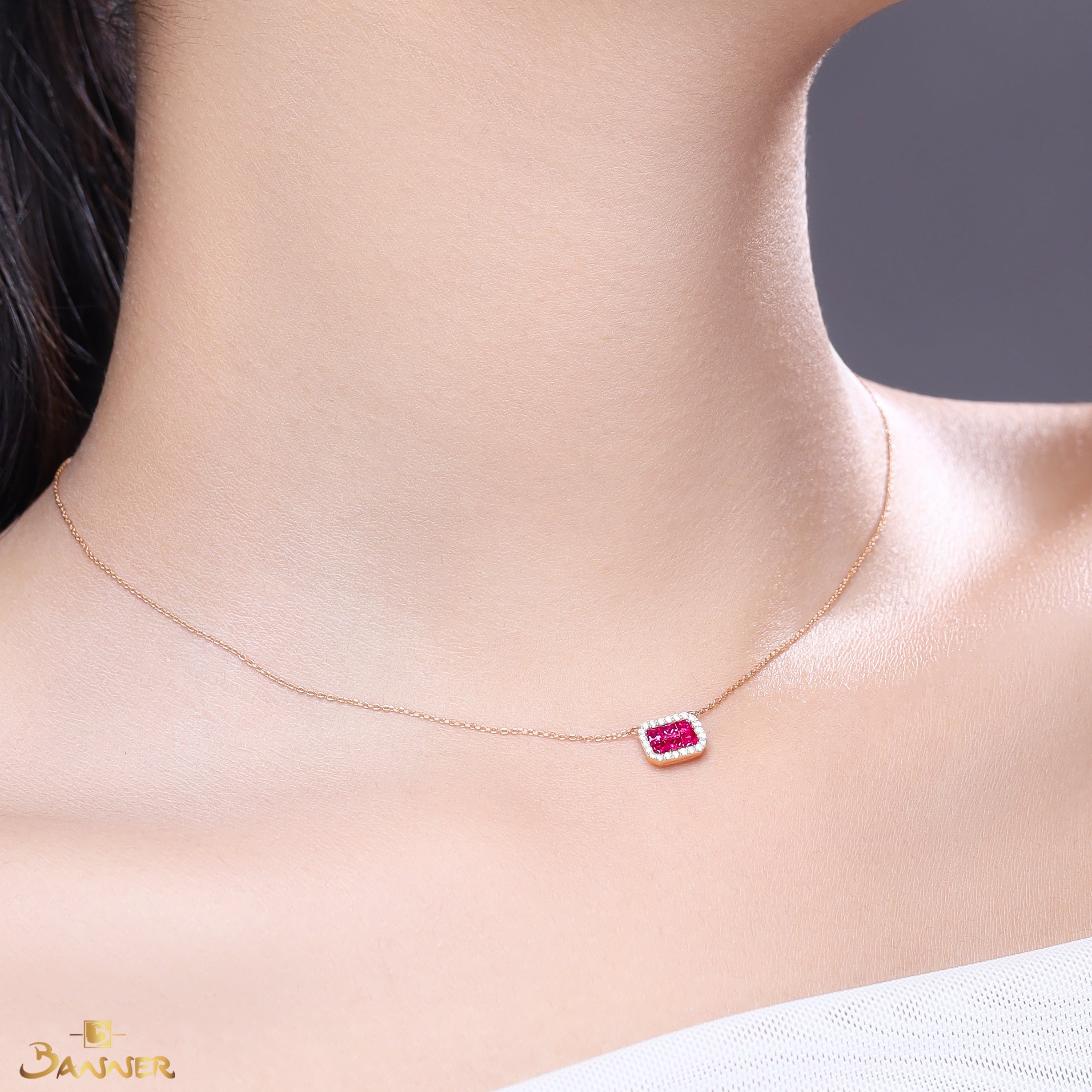 Ruby and Diamond Emerald-cut Halo Necklace