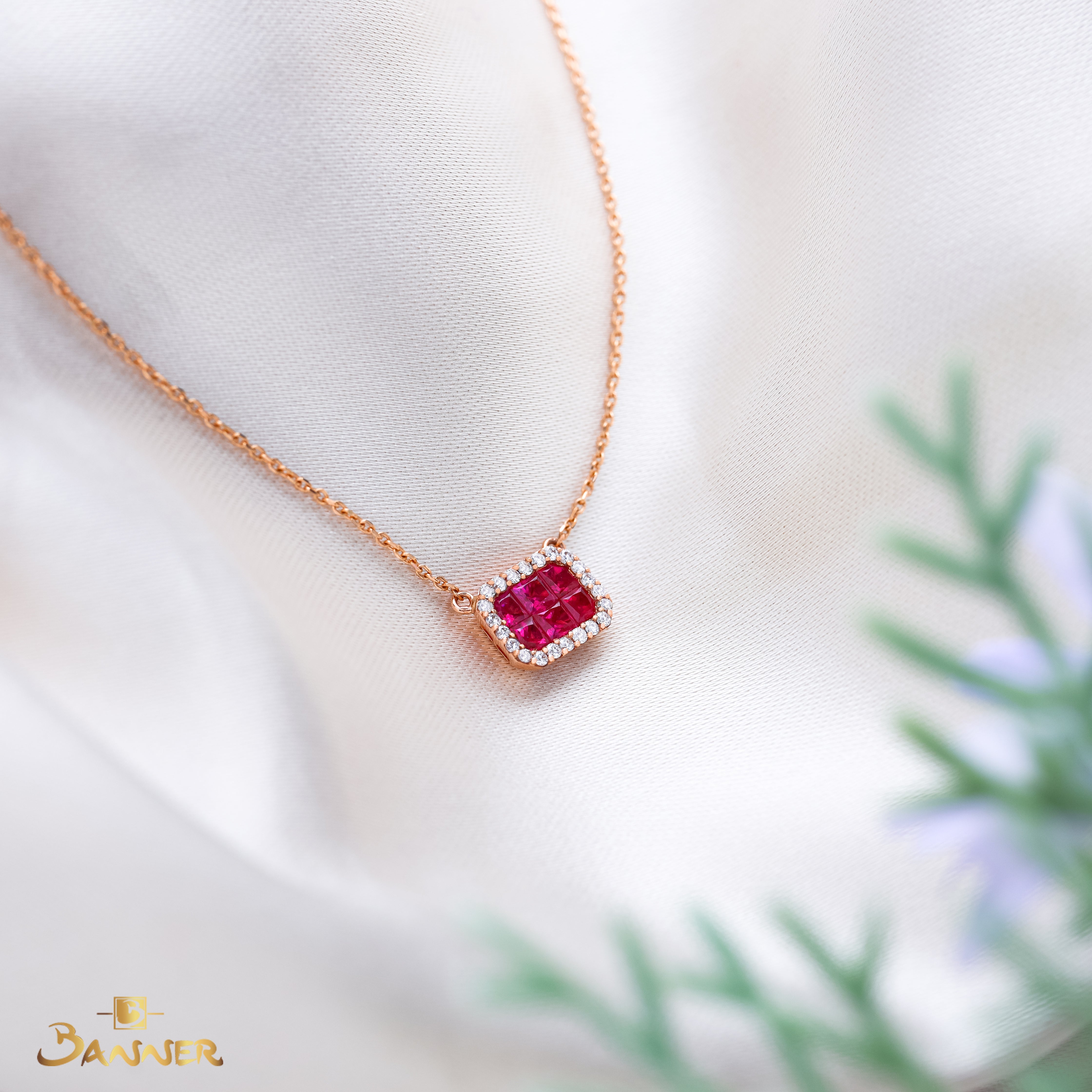 Ruby and Diamond Emerald-cut Halo Necklace