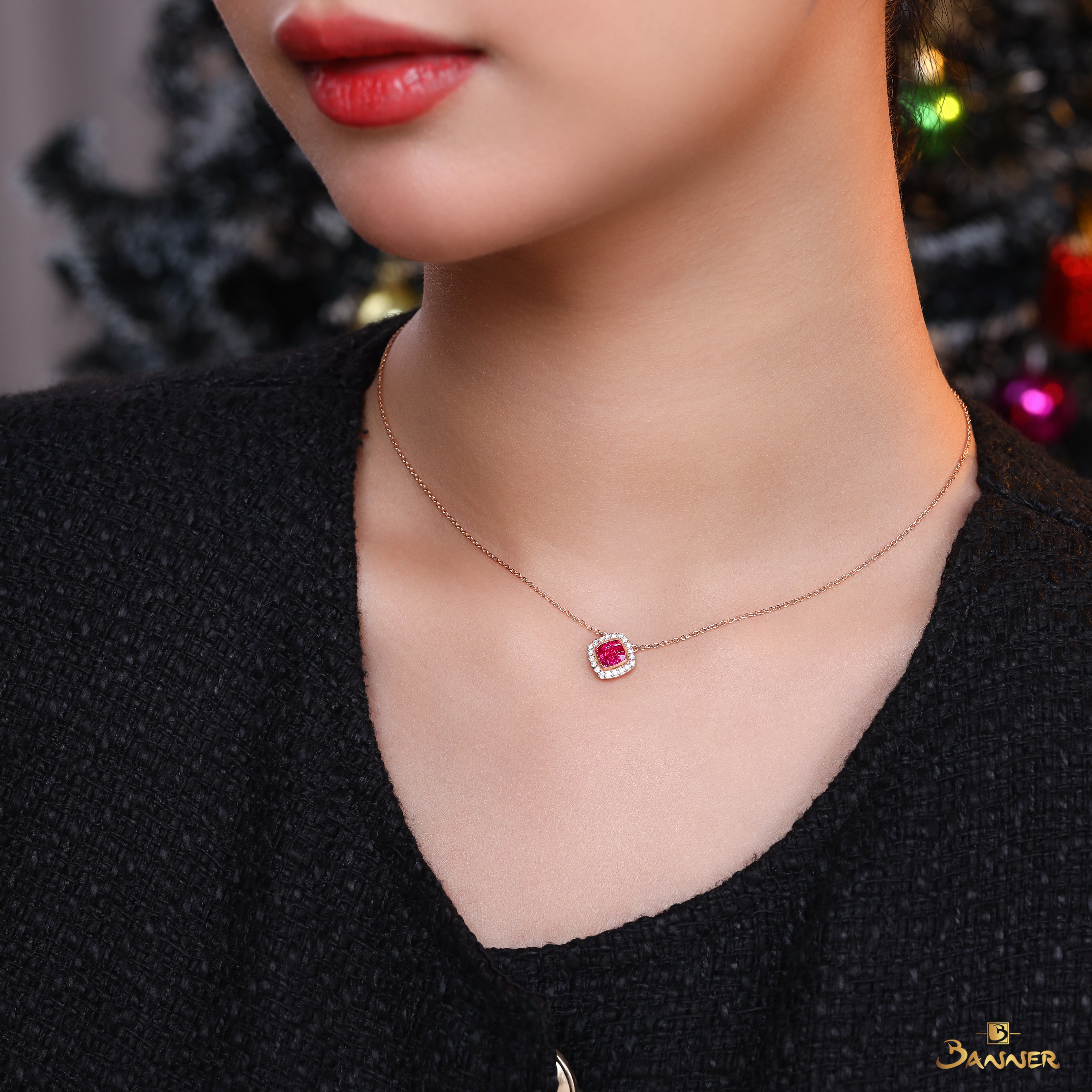 Ruby and Diamond Halo Necklace