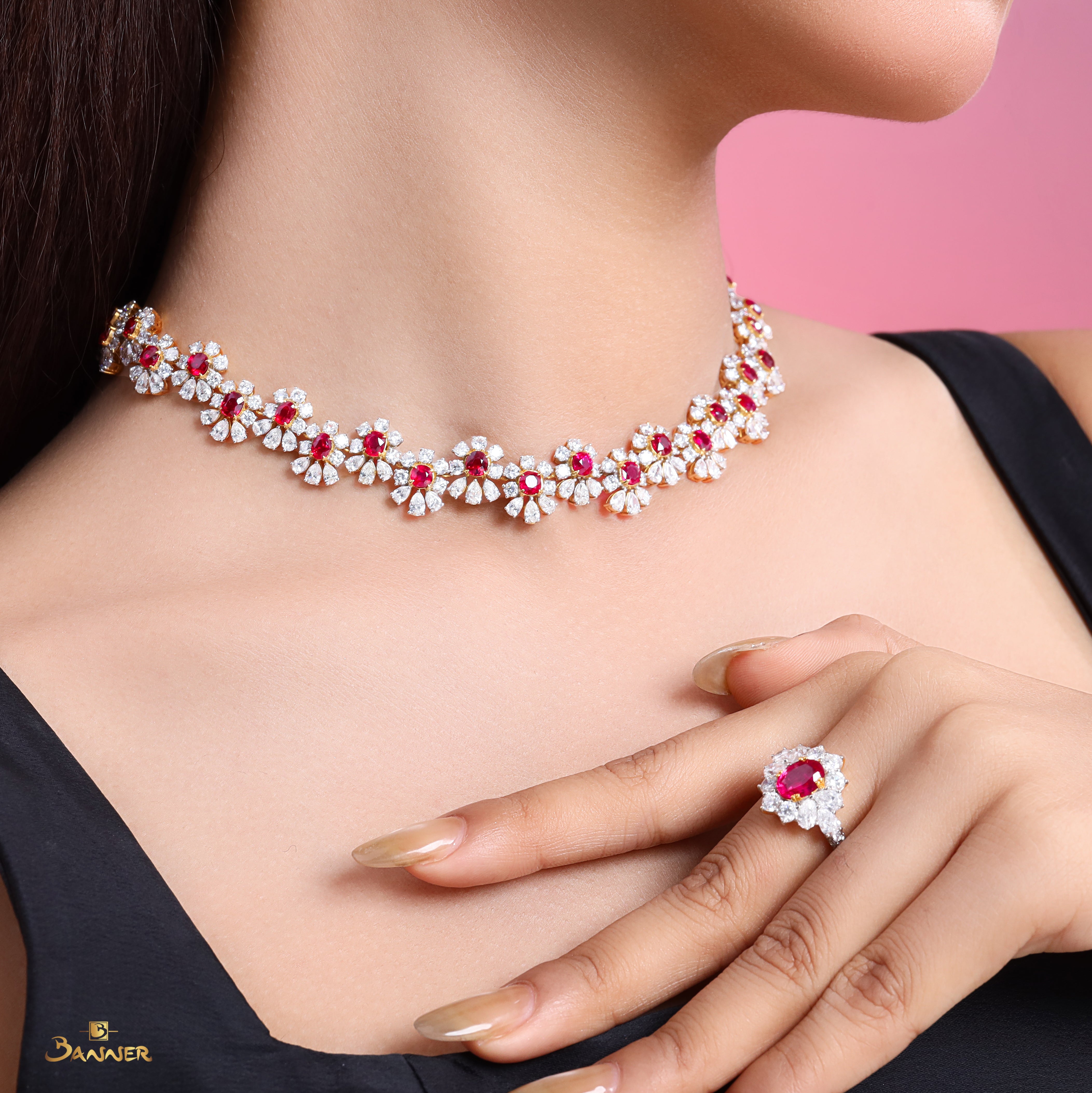 Ruby and Diamond Floral Necklace