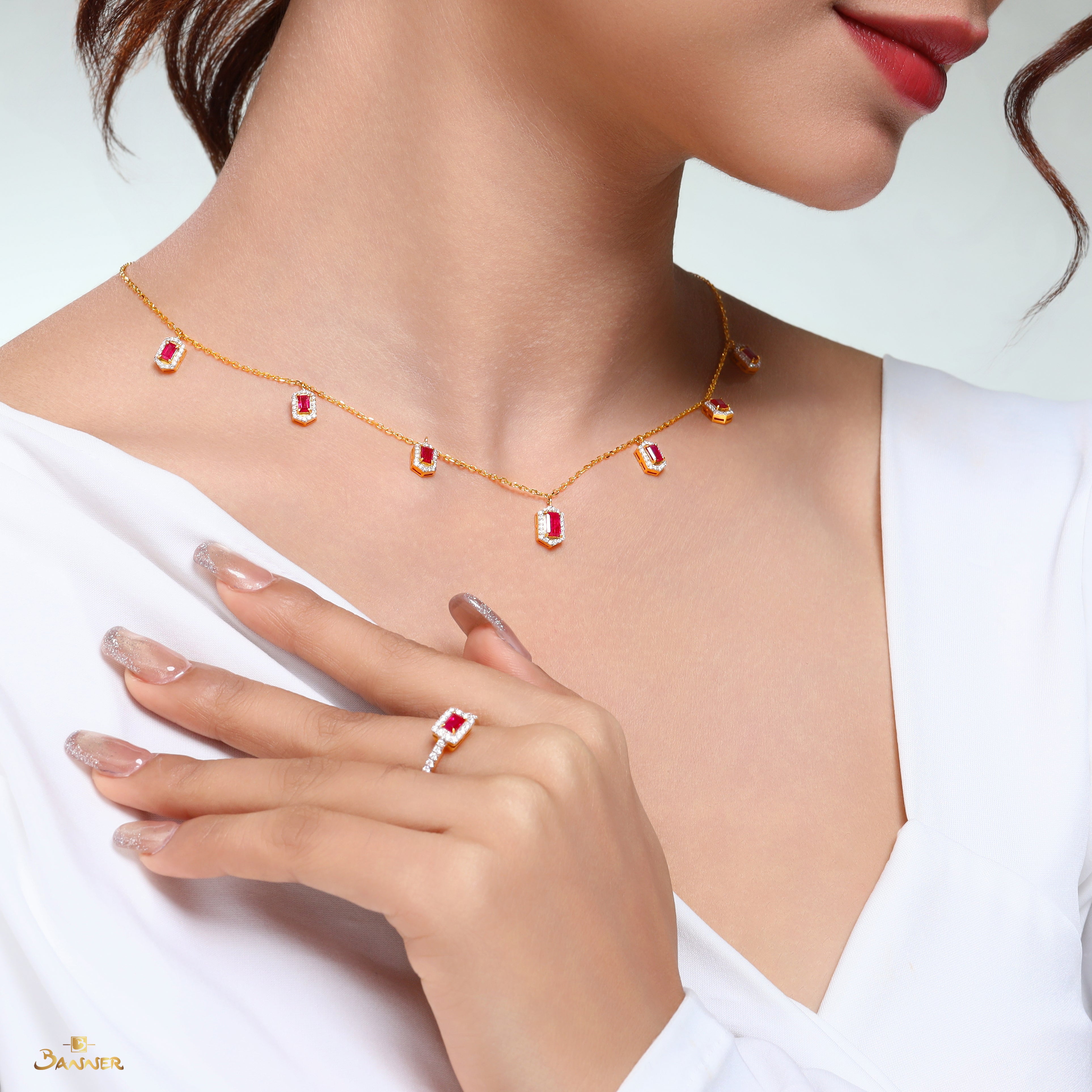 Ruby and Diamond Halo Dangle Necklace