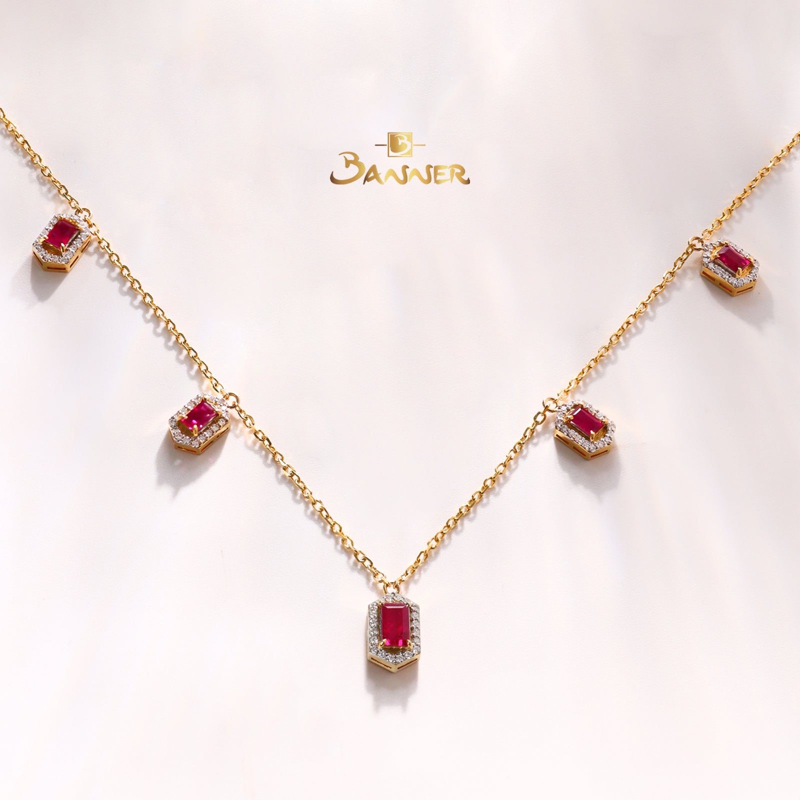 Ruby and Diamond Halo Dangle Necklace