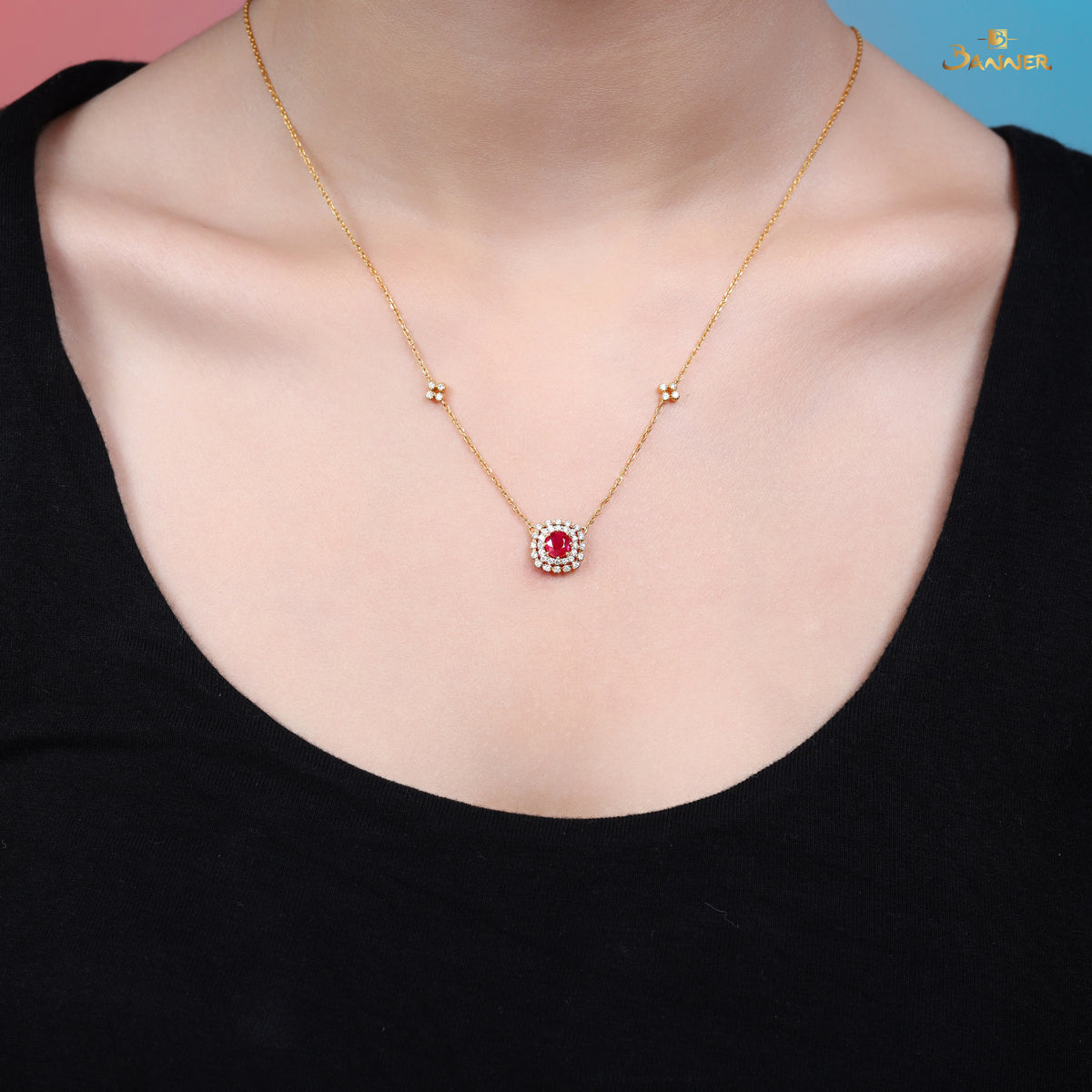 Ruby and Diamond Double Halo Necklace