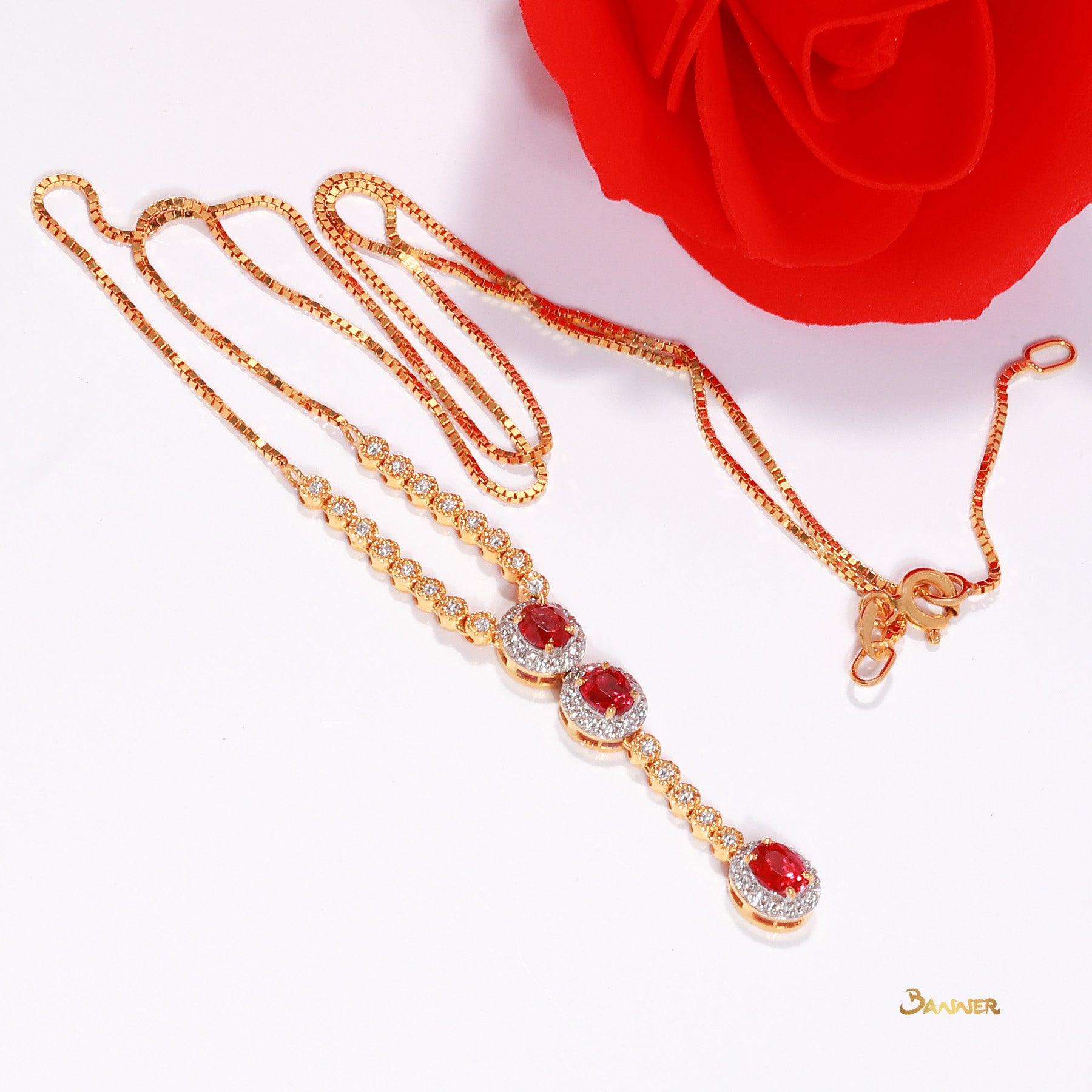 Ruby and Diamond 3-step Halo Necklace