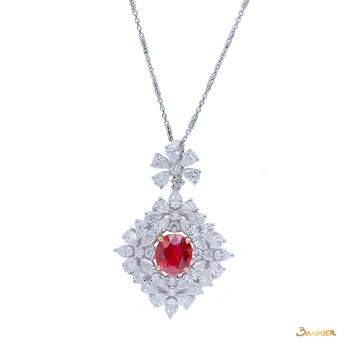 Ruby and Diamond Elegant Design Floral Pendant/Brooch