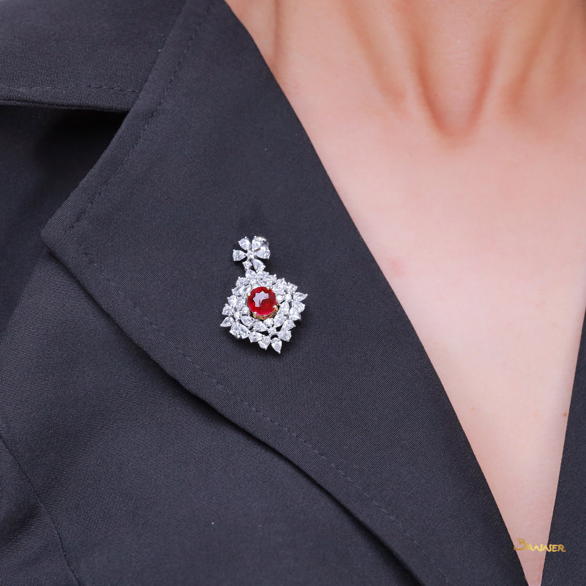 Ruby and Diamond Elegant Design Floral Pendant/Brooch