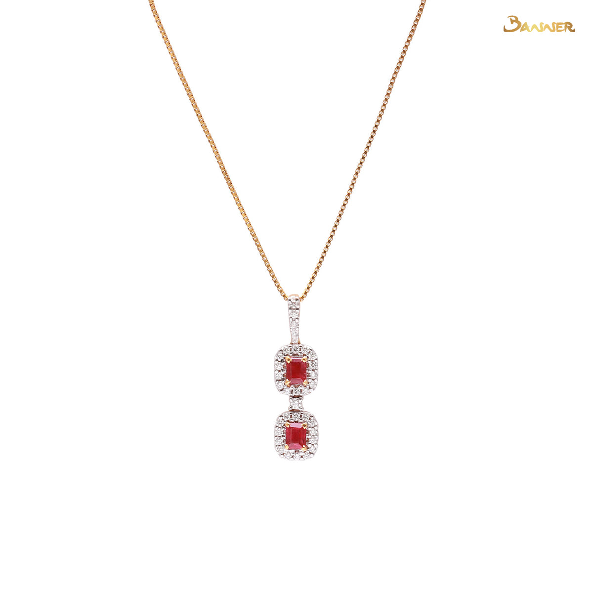 Emerald-cut Ruby and Diamond 2-Step Halo Pendant