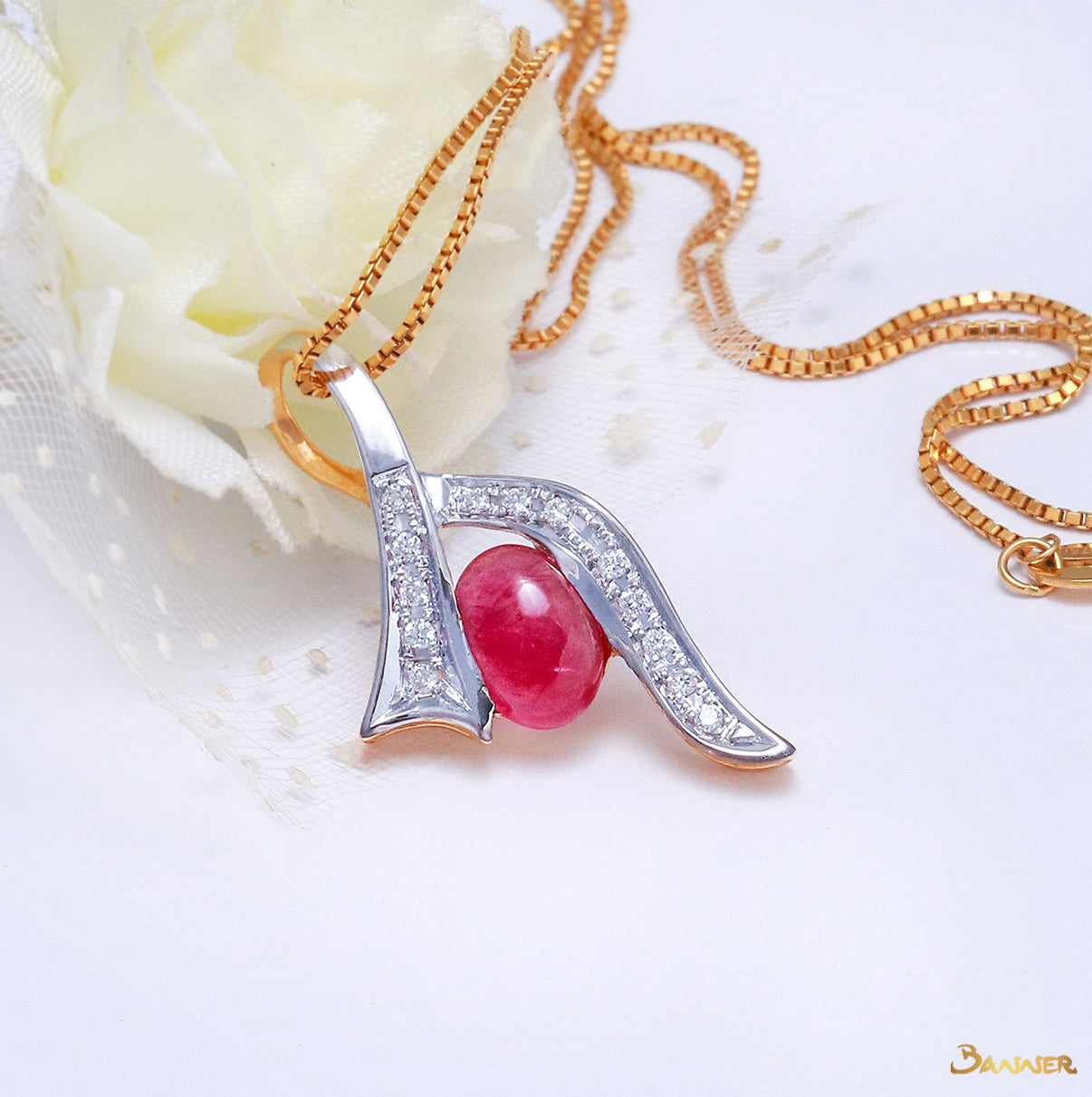 Ruby Cabochon and Diamond  Pendant