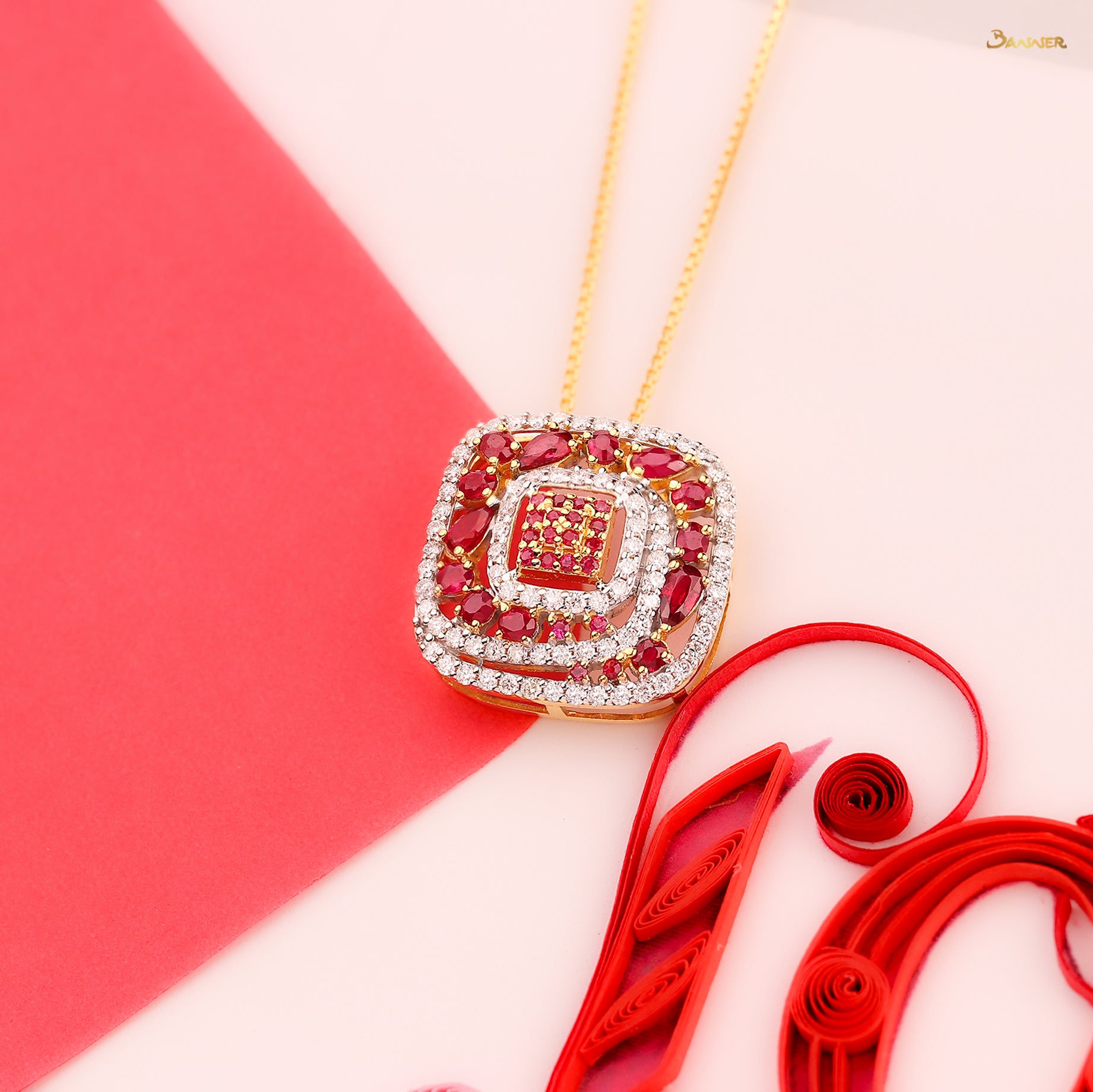 Ruby and Diamond Square Shape Pendant