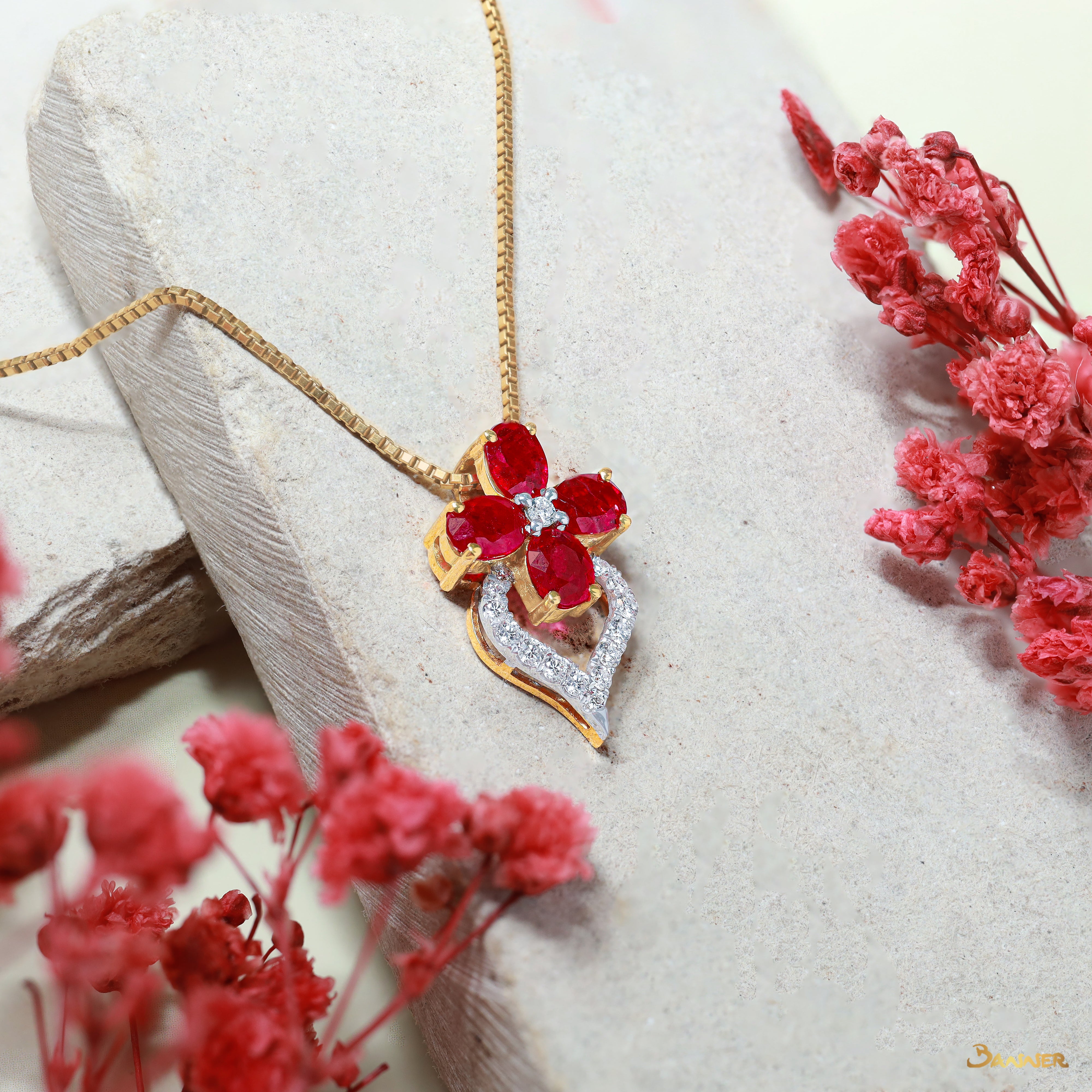 Ruby and Diamond Floral Pendant