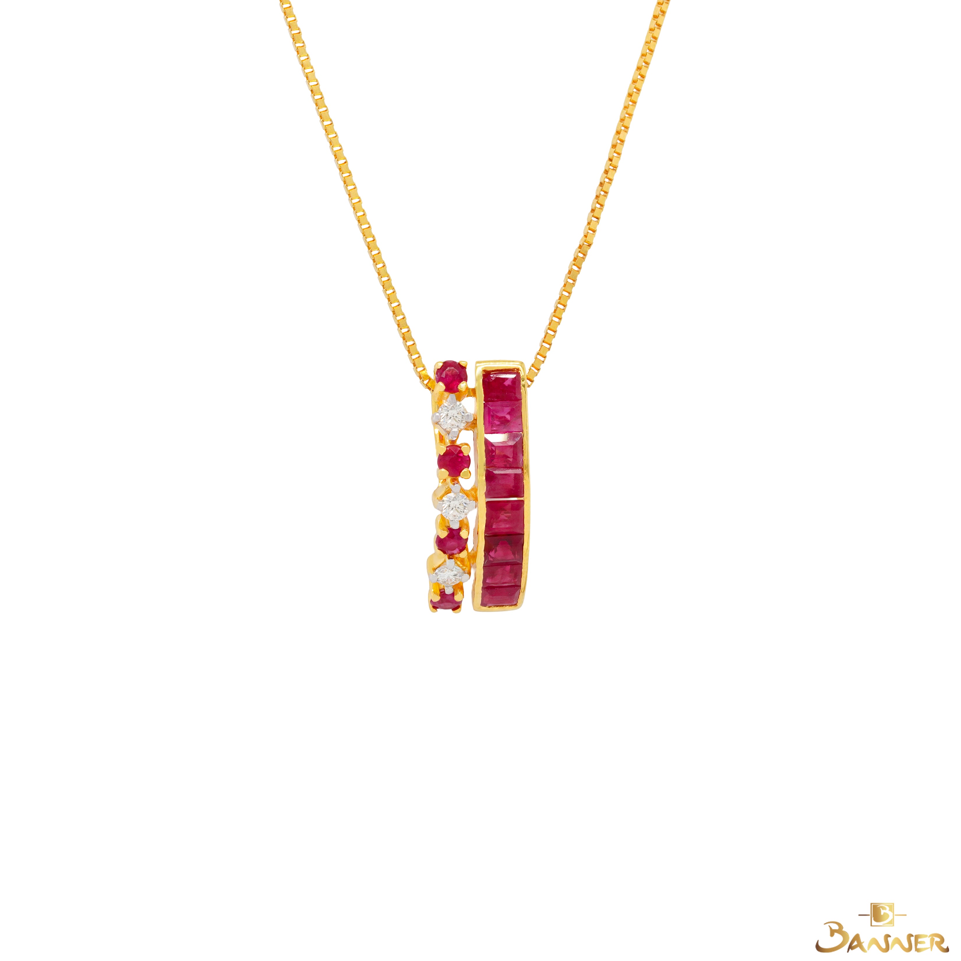 Emerald-cut Ruby and Diamond Crown Pendant