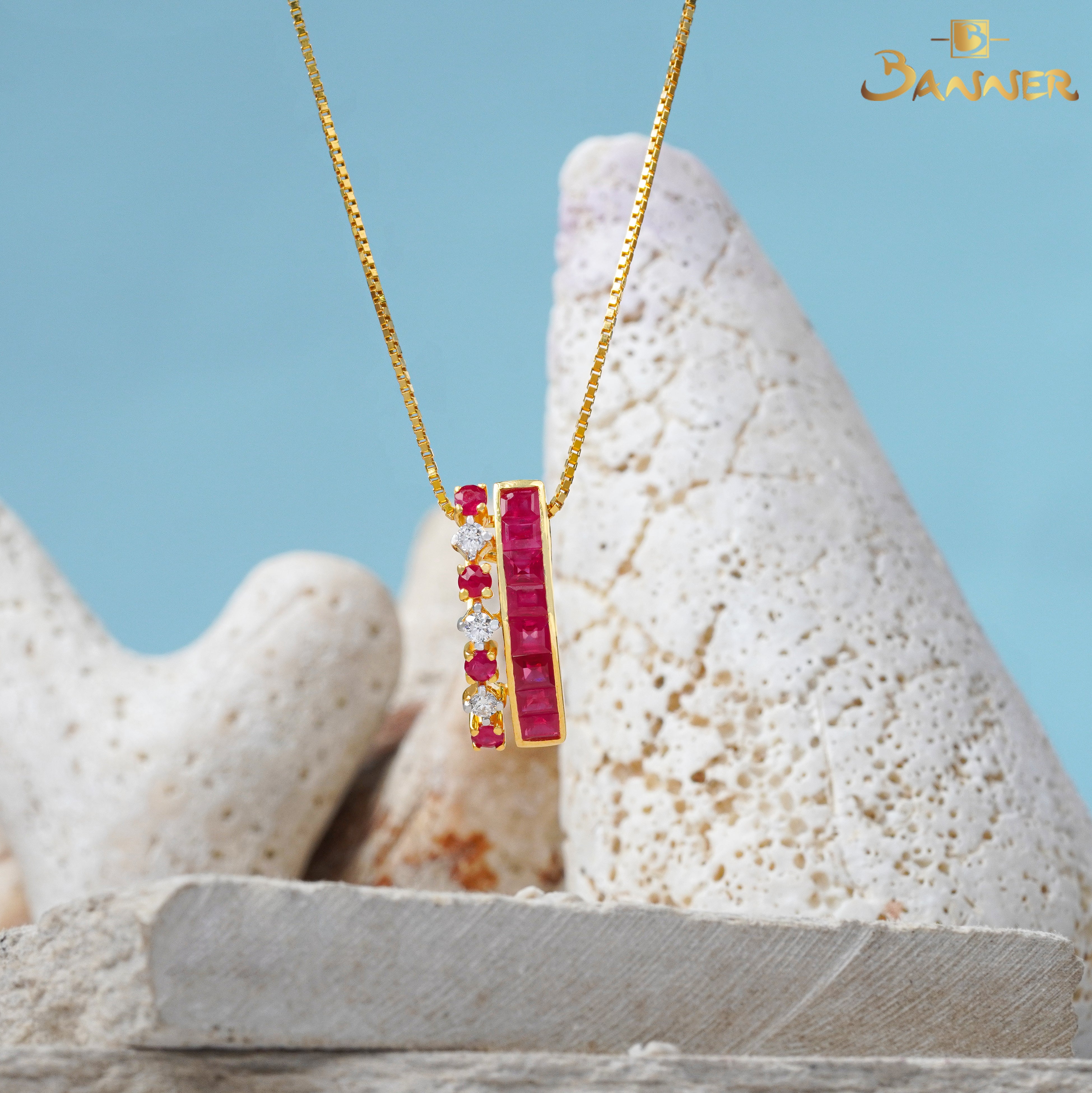 Emerald-cut Ruby and Diamond Crown Pendant