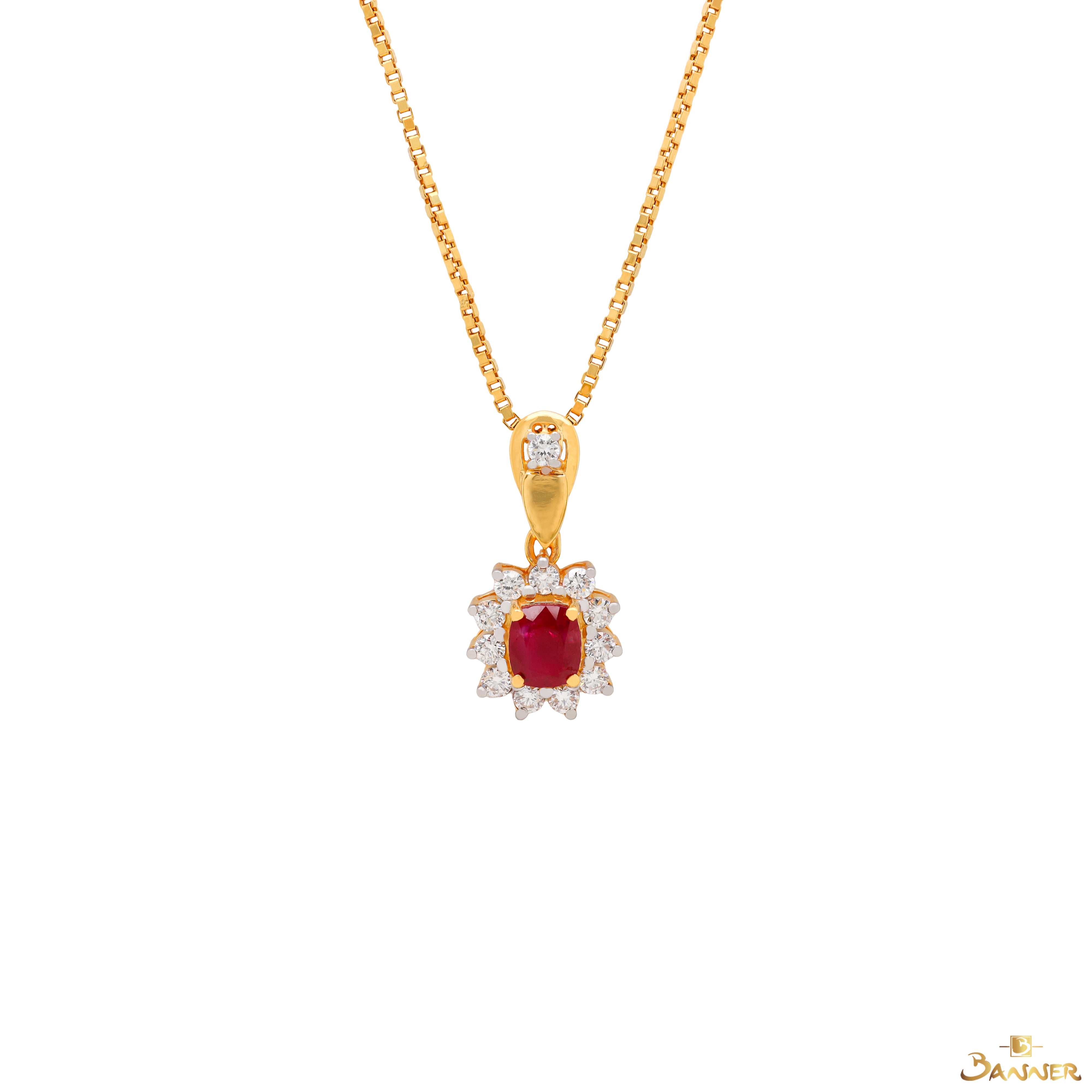 Natural Mogok Ruby and Diamond Sunflower Pendant