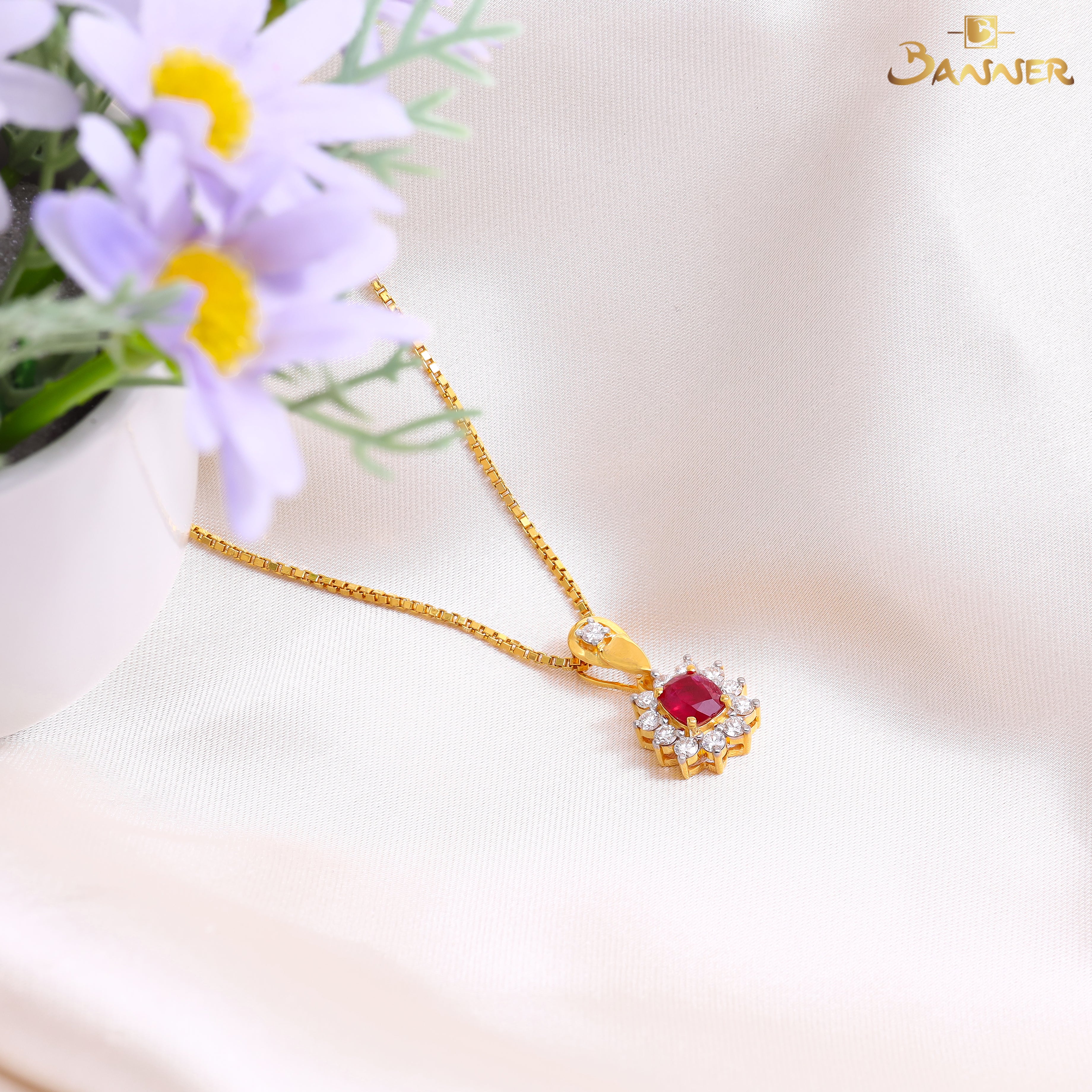Natural Mogok Ruby and Diamond Sunflower Pendant