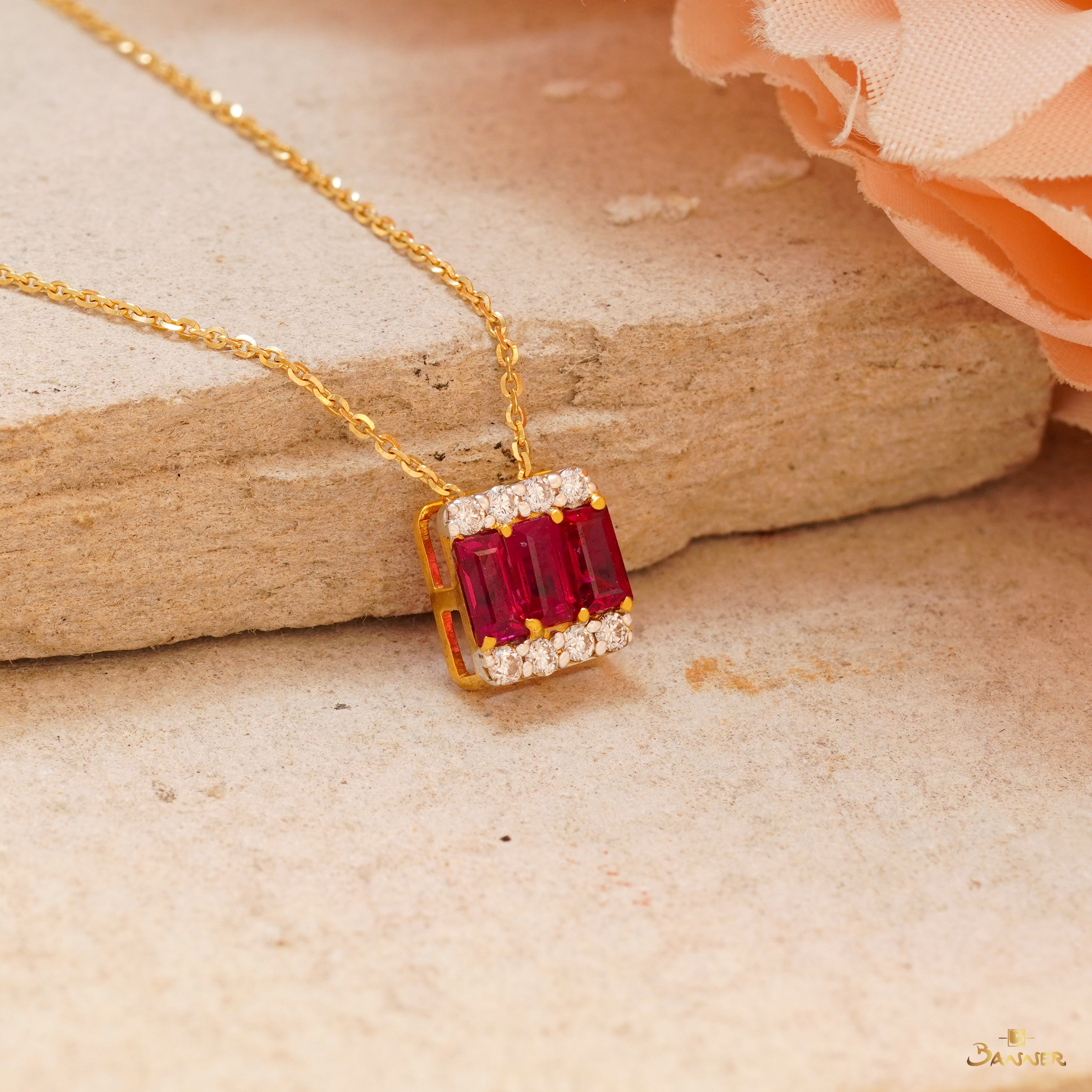Ruby Emerald-cut and Diamond Pendant